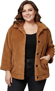 سويت شيرت للنساء بمقاس كبير من شي ان، جاكيت تيدي مريح - معطف شتوي ناعم بازرار علوية مع جيوب. مقاس 1xl