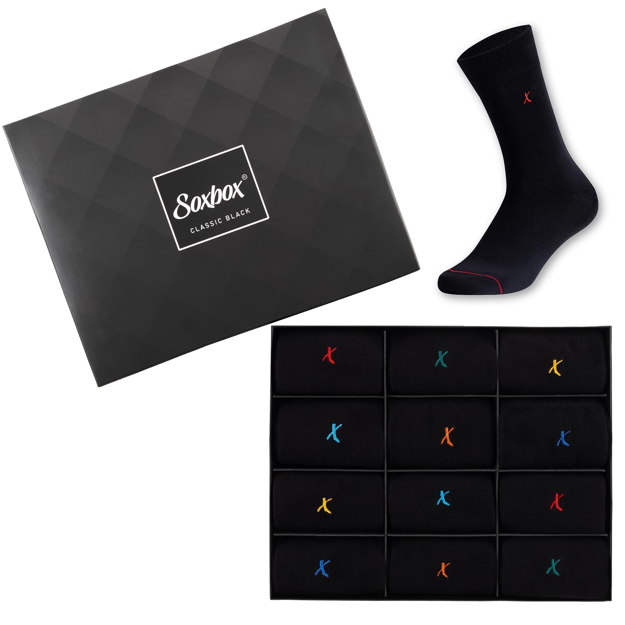The Essentials Wardrobe Men's 12 Pack Black 12Pk Embroidery Socks - Uk 6-9/Eu 39-43 - Black