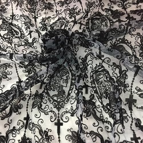 55 Inch Black Skull Lace Fabric Cross Soft Floral Tulle Lace Fabric for DIY Dress Top Dress Sew,Party Overlay,Curtains,Tablecloth,Halloween Decor (Black, 1 Yard)