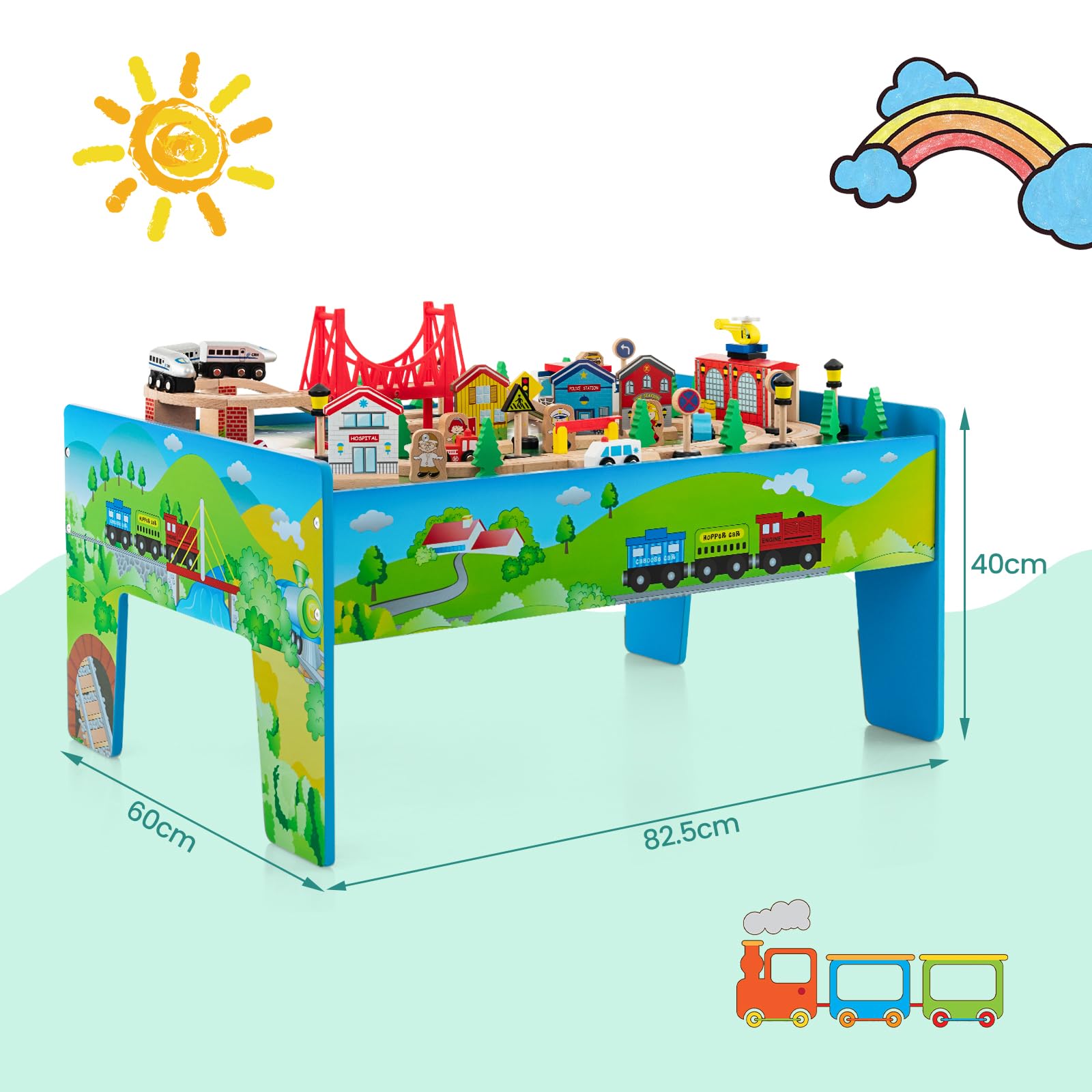 DREAMADE Spieltisch aus Holz, 80-teiliges Eisenbahn-Set, Holzeisenbahn mit Schienen, umkehrbarer und Abnehmbarer Tischplatte, Spielzeug für Kinder ab 3 Jahre (80-teilig)