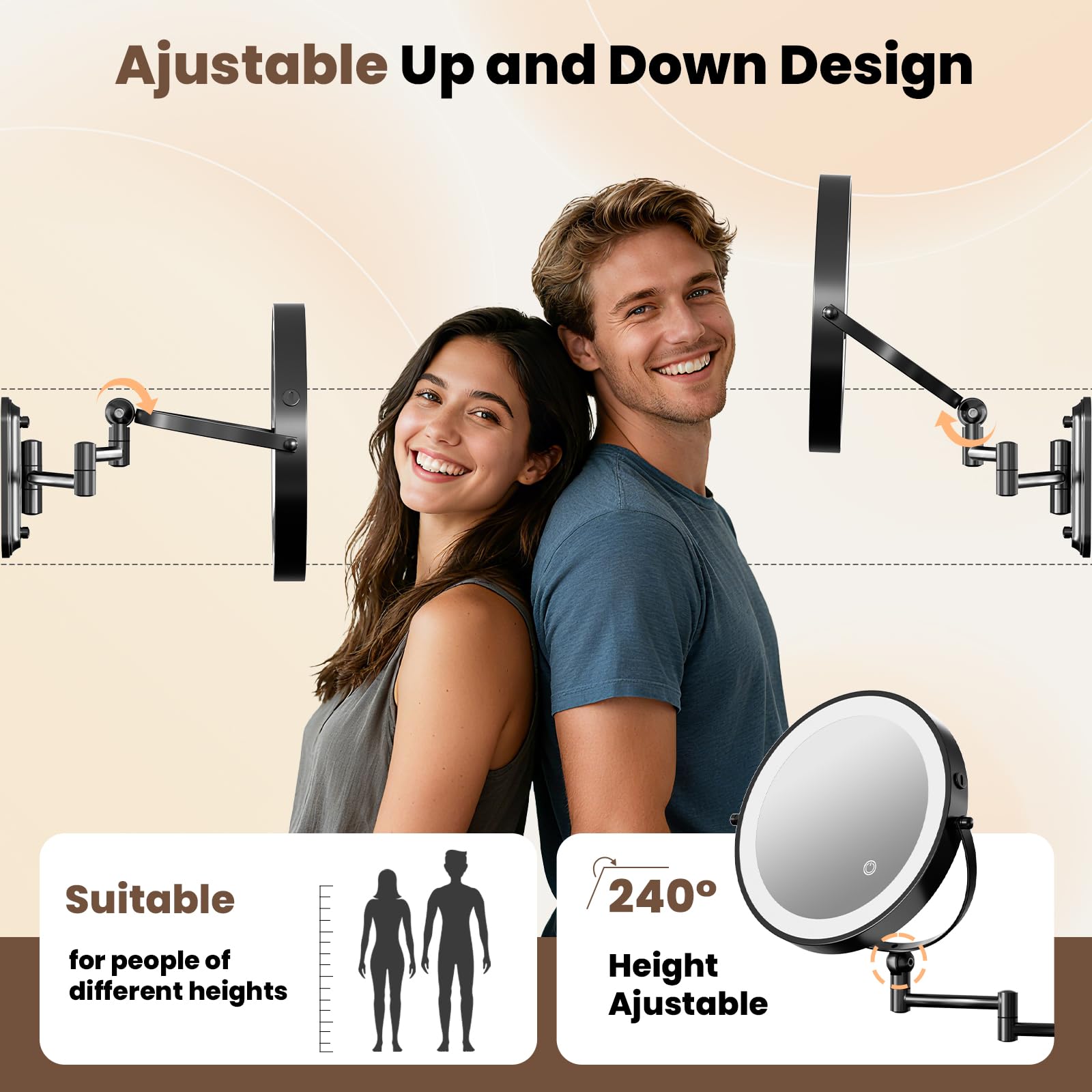 Espejo iluminado de maquillaje montado en la pared de 9 pulgadas, recargable de 4000 mAh, espejo de tocador LED de doble cara con altura ajustable y aumento de 1X/10X, 3 luces de color, pantalla