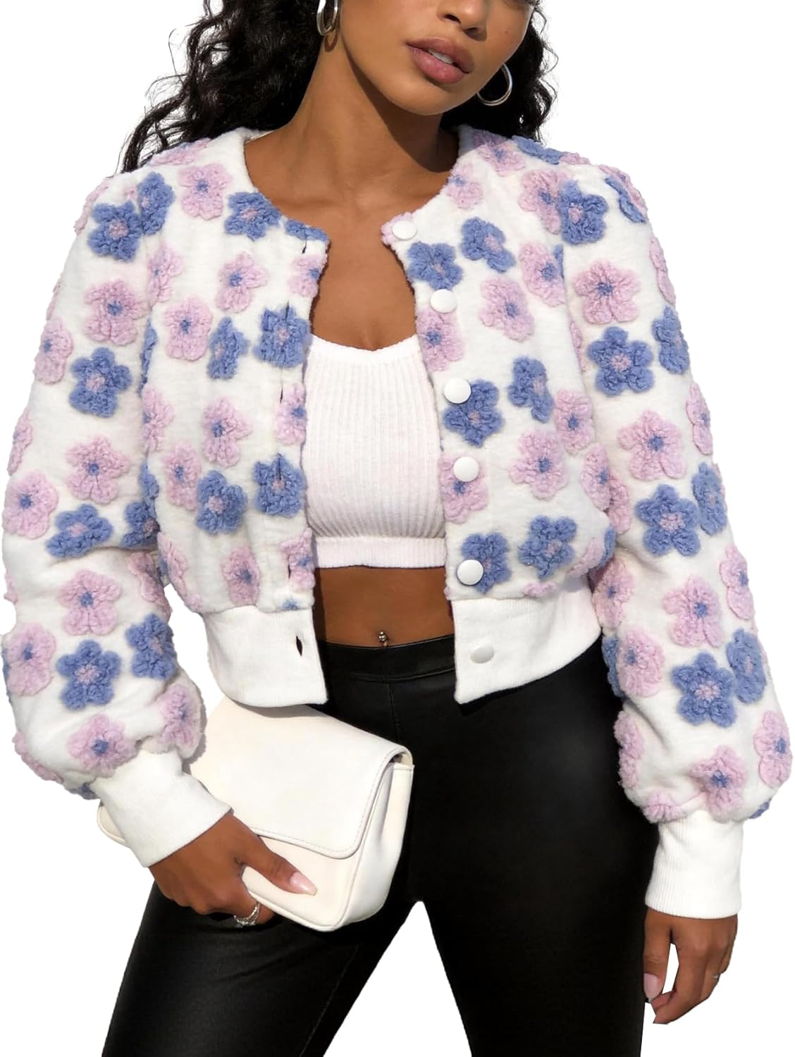 Flygo Women's Cropped Floral Print Bomber Jacket Warm Fleece Varsity Jacket Casual Button Down Puff Sleeve Coat Outerwear