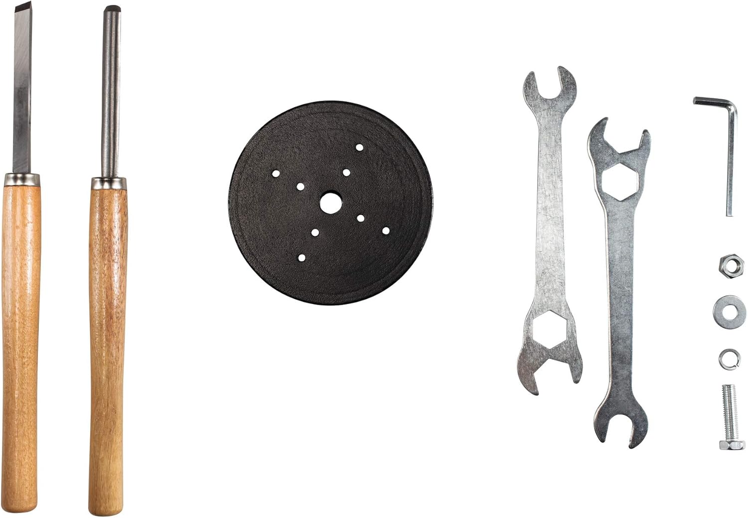 Included accessories: two woodturning chisels, a faceplate, two wrenches, and mounting hardware