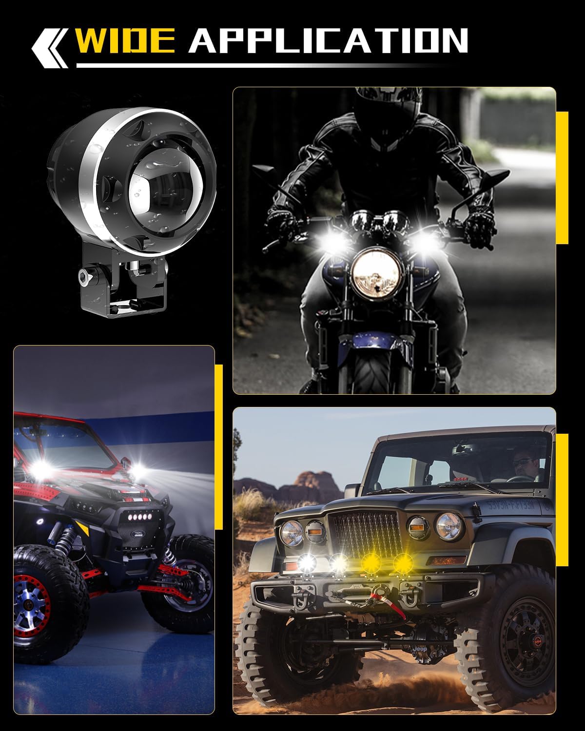 BraveWAY Motorcycle LED Driving Light with Z-Shape Beam, Round Auxiliary Lights for Cruiser/Chopper/Bobber, White/Yellow Fog Lights for ADV Adventure Touring Off-road Bike (+Wiring Harness)
