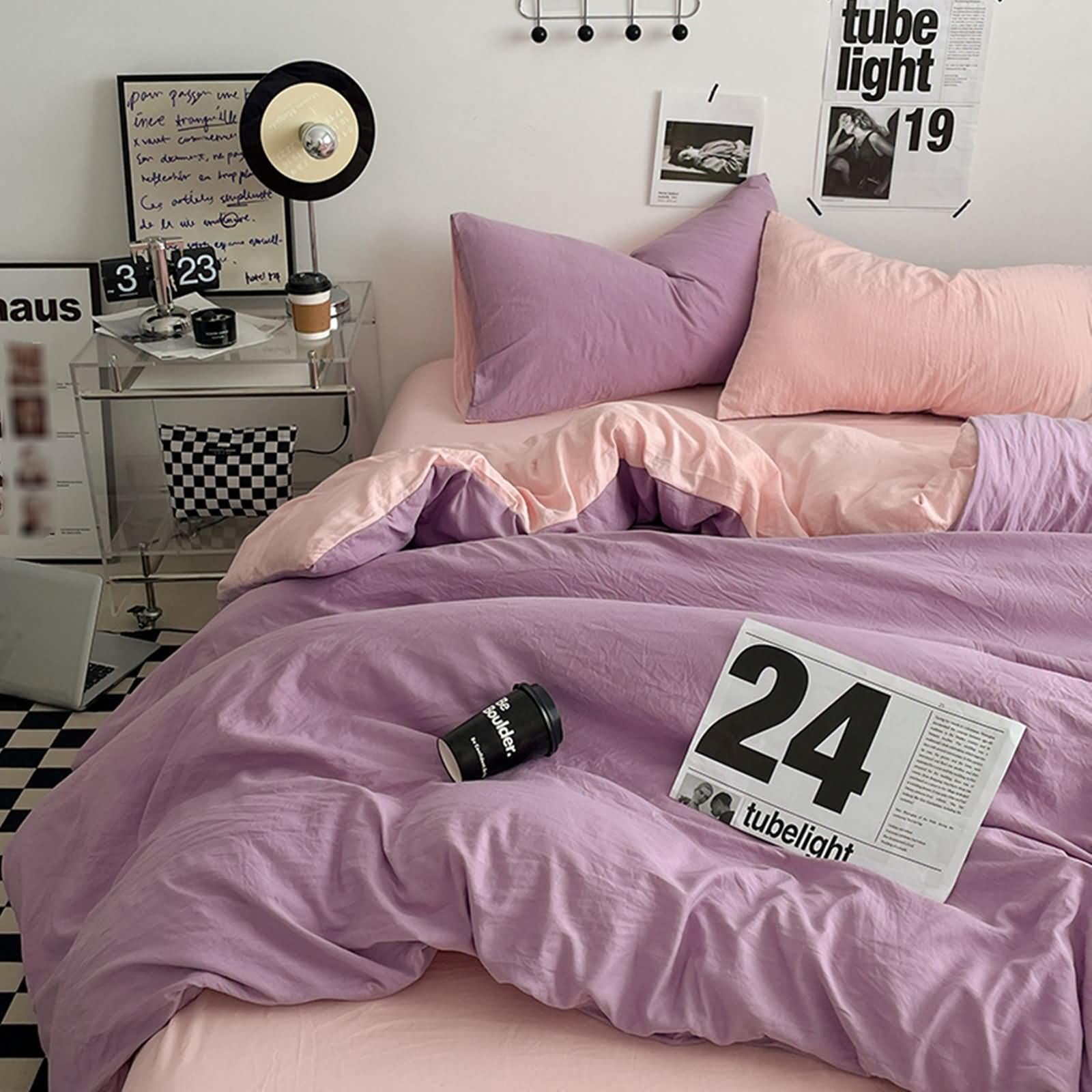 Housse de couette bicolore rose violet pour lit une place cosy