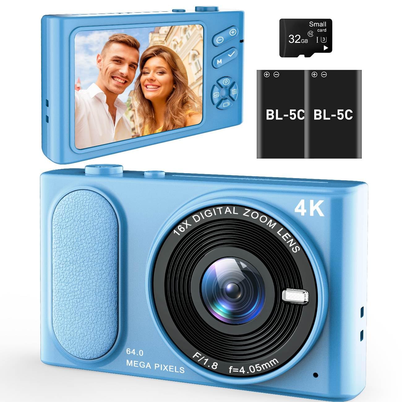 4K UHD Digital Camera, 64MP Autofocus Vlogging Camera 16X Zoom, Compact Digital Point and Shoot Camera with Anti-Shake, Small Travel Camera for Adult Beginners Teens, 32GB Card, 2 Batteries(Blue)