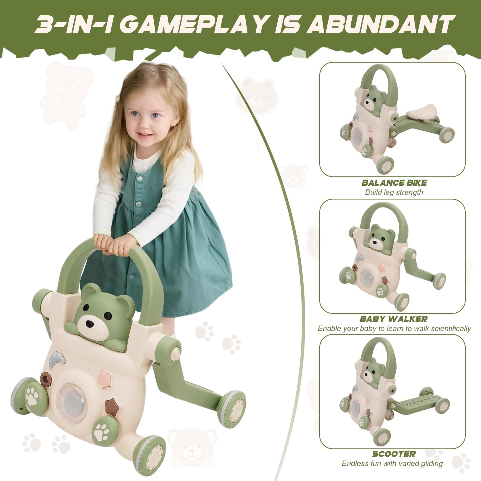 Trotteur Pour Bébé 3 en 1,Musique et Jouets, Trotteur à Vitesse Réglable, Trottinette et Vélo d'équilibre,Contrepoids Réglable,pour Bébé à Partir de 6 Mois