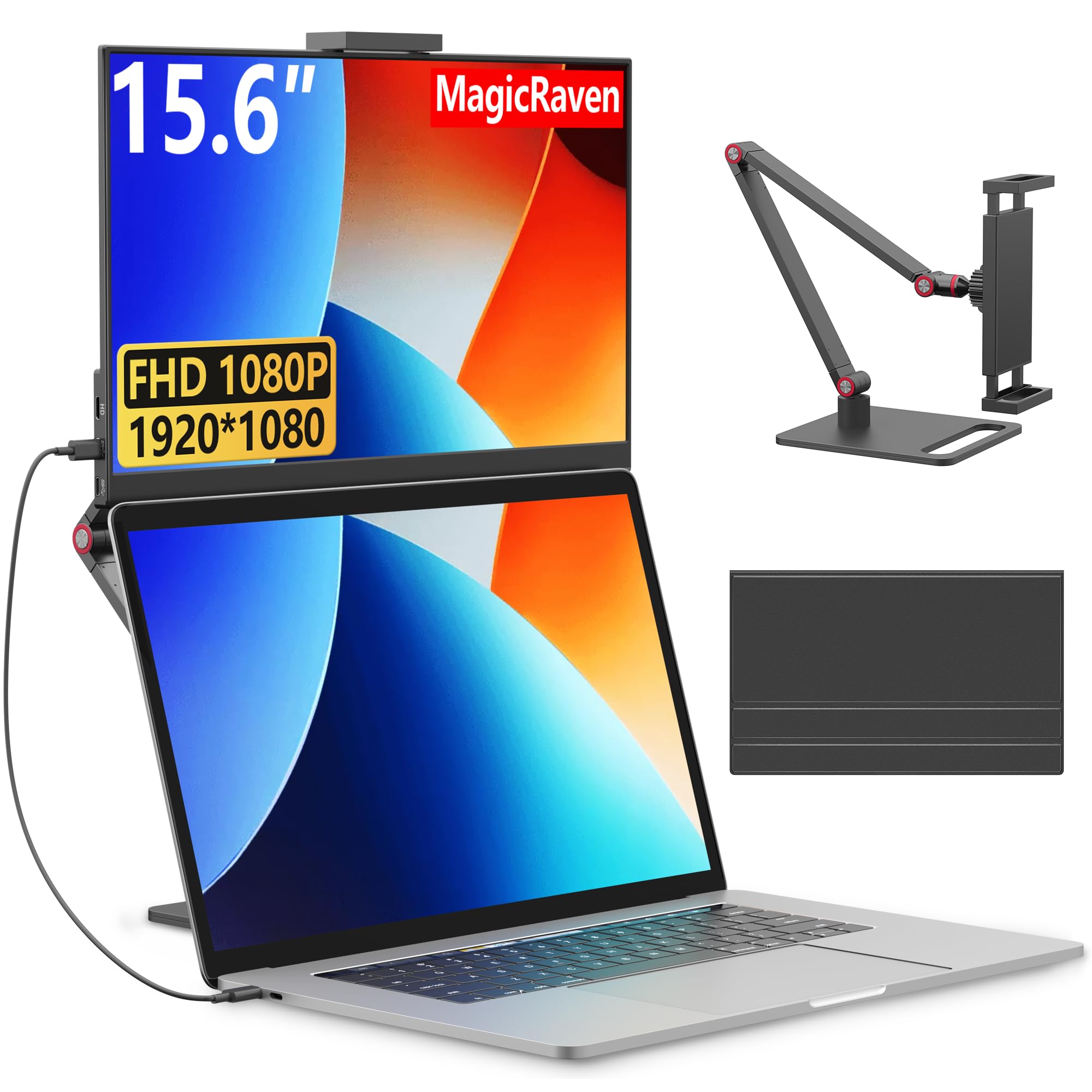 MagicRaven Portable Monitor, 15.6" 1080P IPS Laptop Screen with Adjustable Stand, Lightweight USB C HDMI Second Gaming Display with Speakers, Travel M