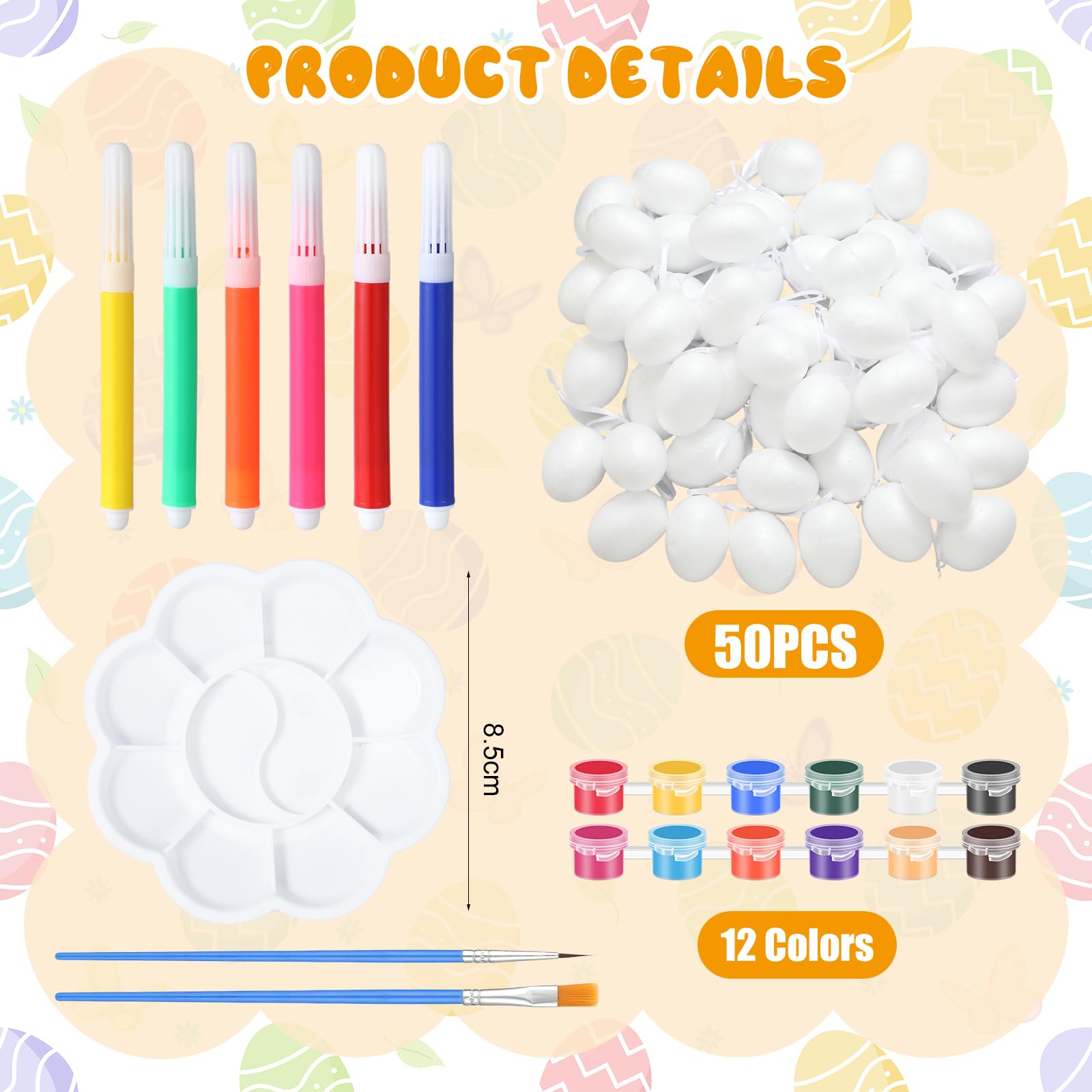 Gerrii 50 Pcs White Foam Easter Egg Ornament Bulk Paintable Decorations with 6 Markers, 12 Paints, 2 Brushes, 1 Palette Hanging Easter Egg with String for DIY Craft Basket Fillers Party Favors