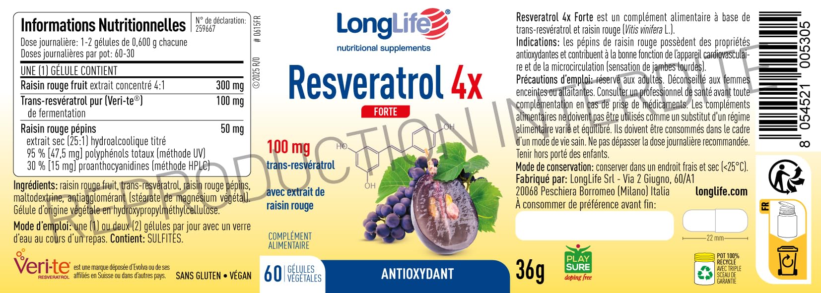 LongLife® Resveratrol 4x Forte | Trans-resvératrol pur (Veri-te™) et raisin rouge | Cœur et circulation | Jambes légères | 60 gélules | Végan et sans gluten