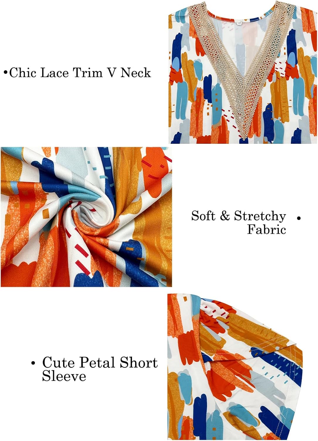 VOGRACE Plus-Size-Womens-Summer-Tops Lace Trim V Neck T Shirts Petal Short Sleeve Tunics Trendy Going Out Blouses XL-5XL - Image 4