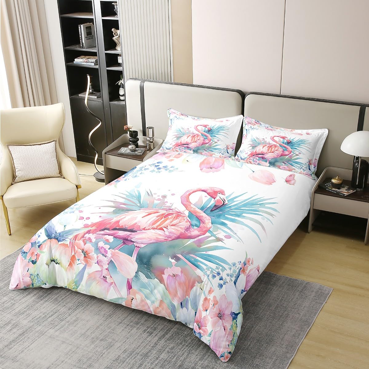 Loussiesd Kinder Flamingo Baumwolle Bettwäsche Set 135x200cm Jungs Mädchen Tropische Flamingo Muster Betten Set Blume Floral Drucken Bettbezug Set Bauernhaus Zoo Wildtierstil Bettwäsche-Set