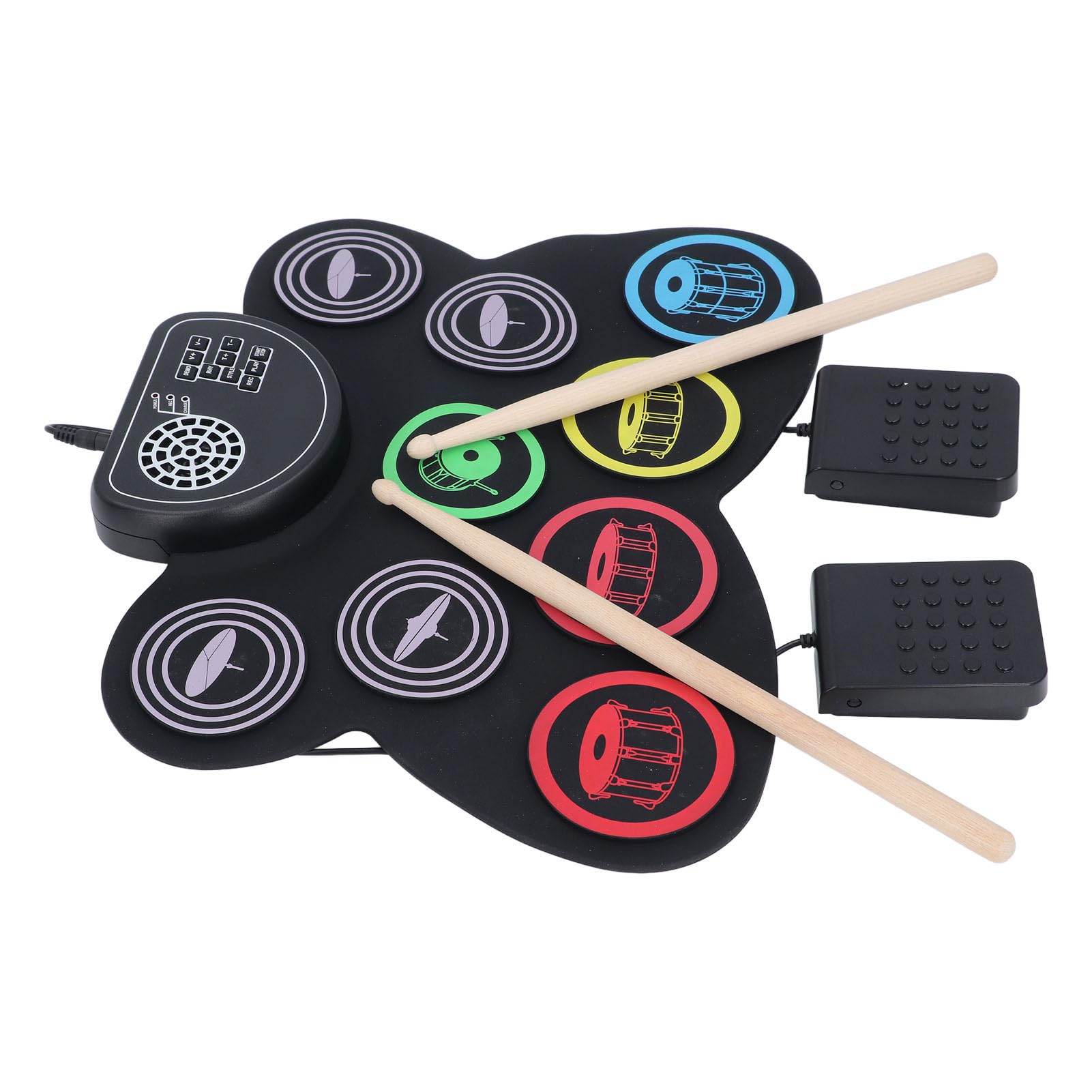 E-Drum-Set, Farbenfrohes, Tragbares, Aufrollbares Übungs-Drum-Pad mit Fußpedal und Drumsticks