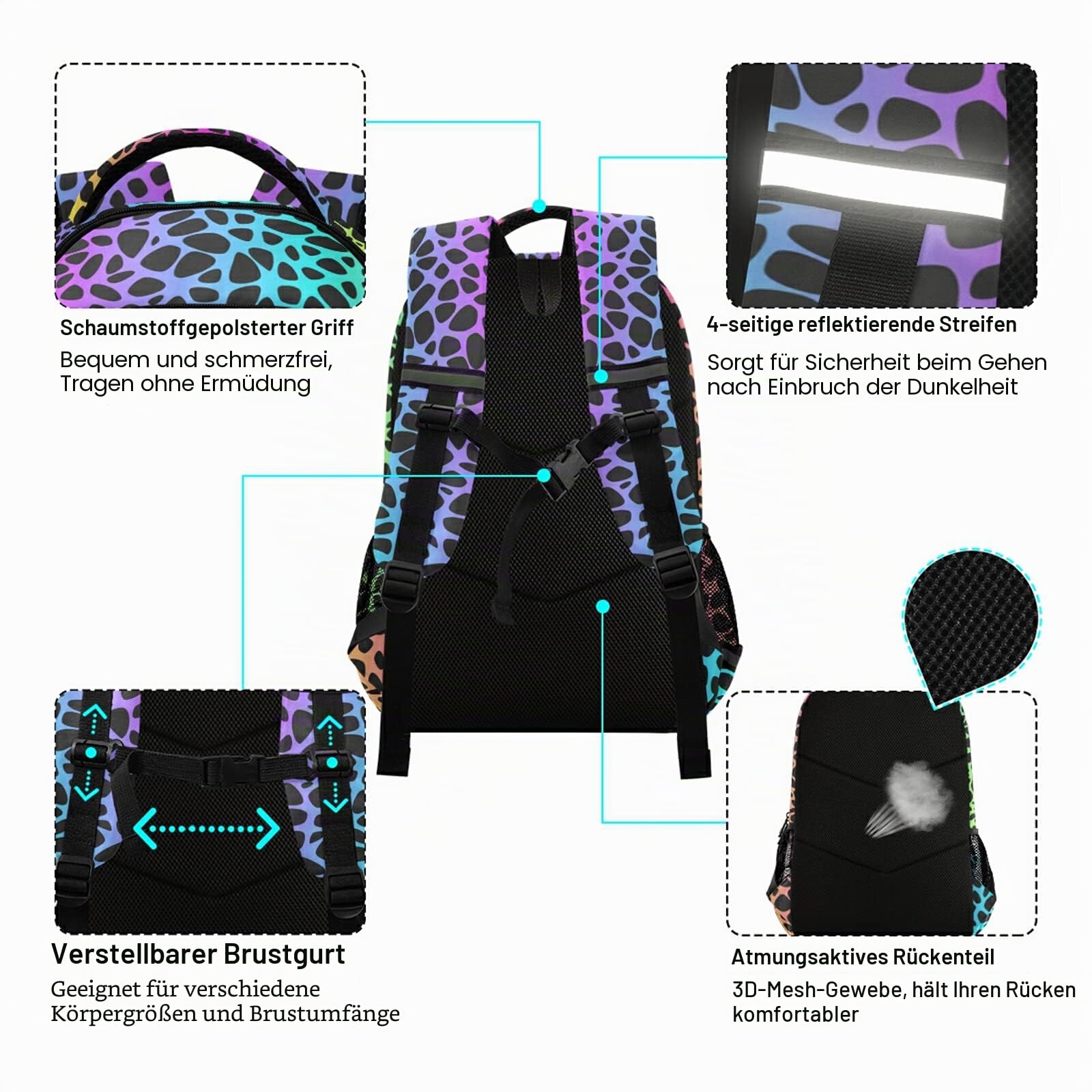 Rucksack mit Regenbogen-Leopardenmuster für Schüler, Jungen, Mädchen, Schultasche, Reise, Tagesrucksack, Muster 1, Einheitsgröße, modisch