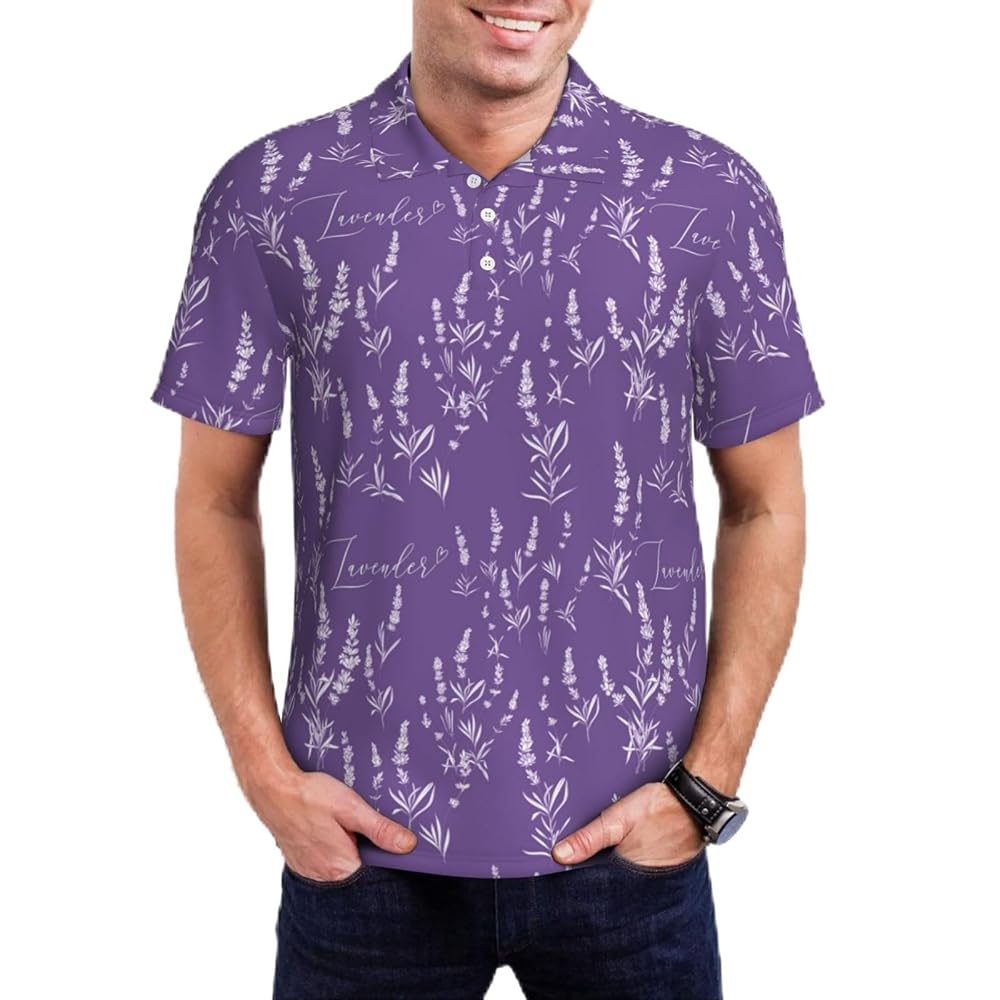 Mosytuky Lavender Flowers Pattern Golf Shirts for Men Dry