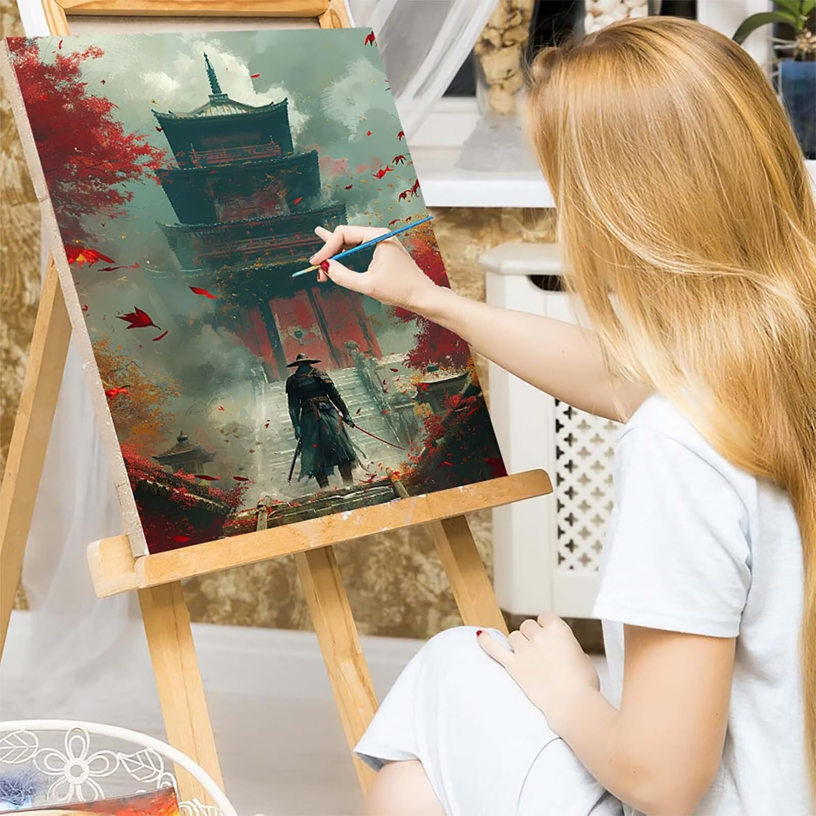 Malen Nach Zahlen Erwachsene Architektur, Malen Nach Zahlen Samurai, DIY Basteln Erwachsene Handgemalt Ölgemälde Kit, Paint by Numbers Kit mit Pinseln und Acrylpigment, Deko Wohnzimmer 80x110cm 8-5055