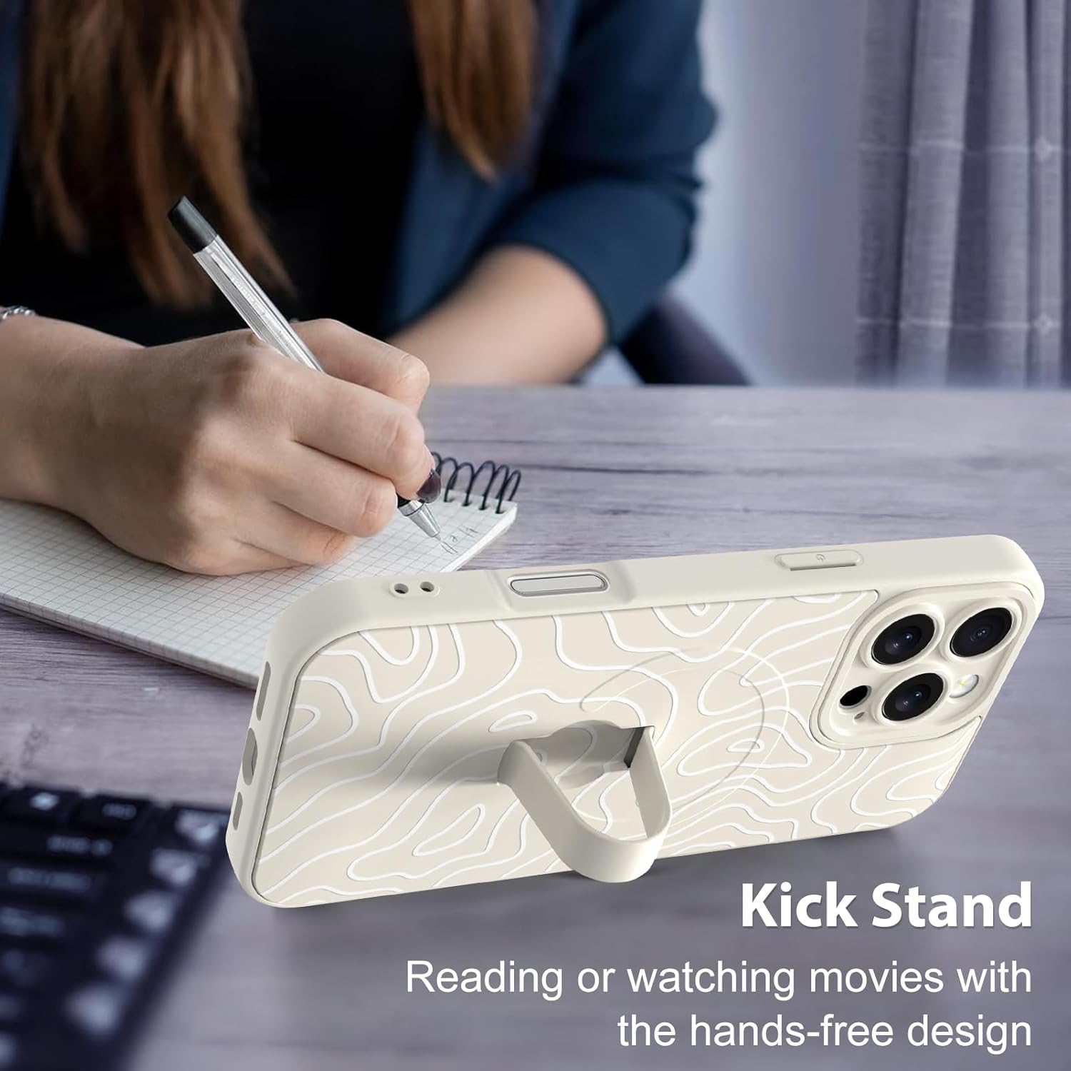 MZELQ for iPhone 16 Pro Case, Silicone Wave Ripple Cute Pattern, Support for MagSafe, Kickstand Wristband Camera Protection Soft Slim Phone Case for Girls Women -White