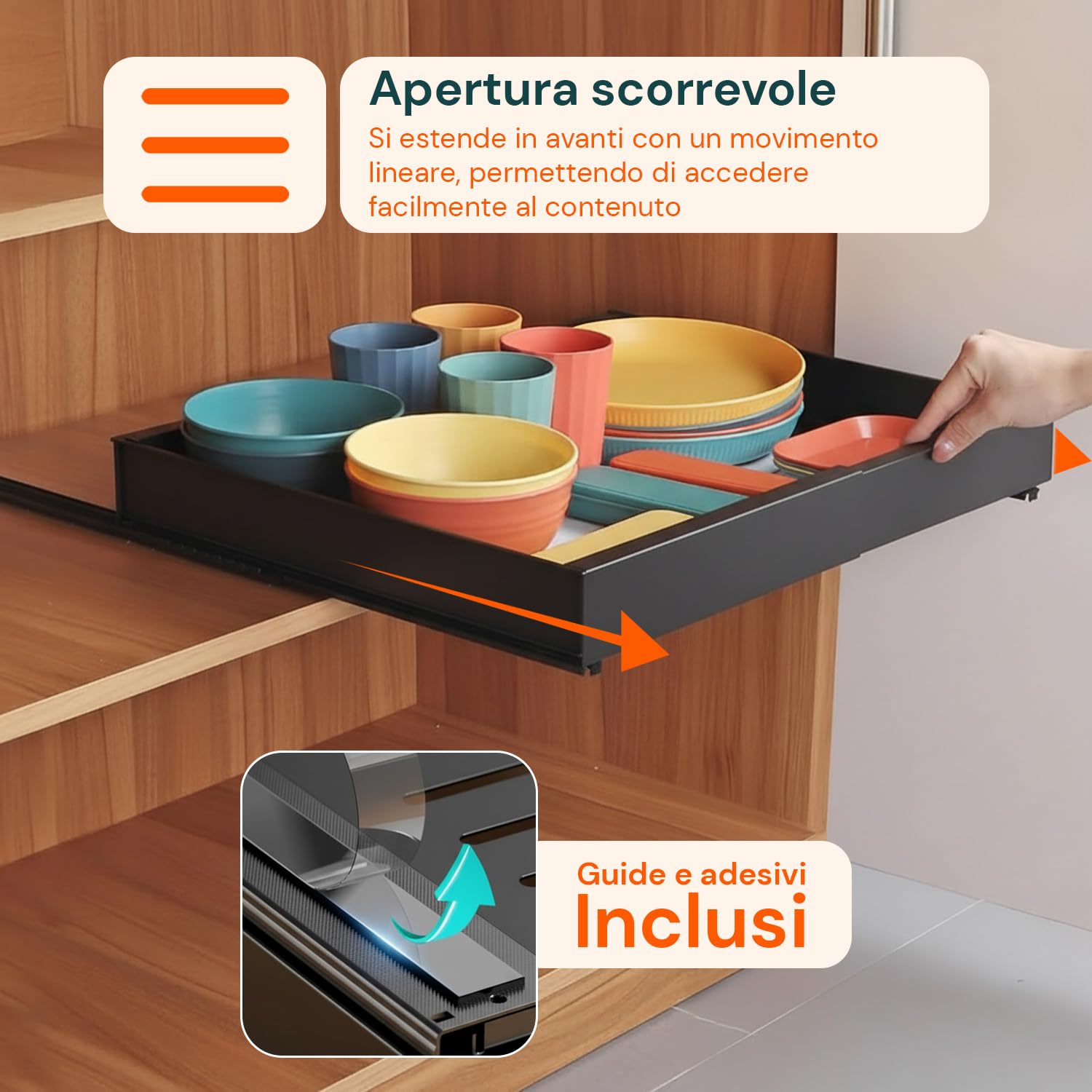 Avilia - Cassetto Universale Estraibile e Espandibile in Acciaio con Binario – Organizer per Mobili, Cucine e Dispense – Montaggio Adesivo - Ripiano Salvaspazio (Nero, 30-50x43,5x7 cm)