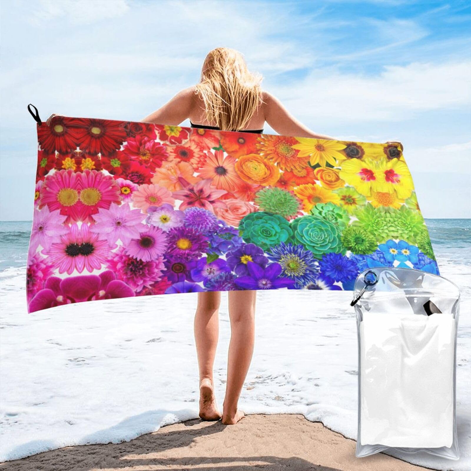 WYCZHY Rainbow Flowers Print Beach Towel Soft Quick Dry For Spa Pool Gym Vacation Travelers Women Men Adults Sauna Gift