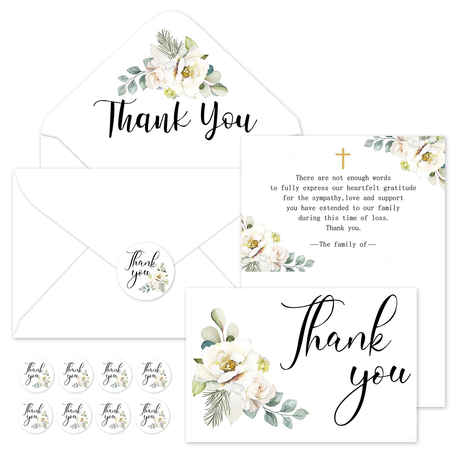 Whaline 48Pcs Funeral Thank You Cards Sympathy Thank You Card with Stickers Envelopes White Flower Bereavement Card with Message for Memorial Service