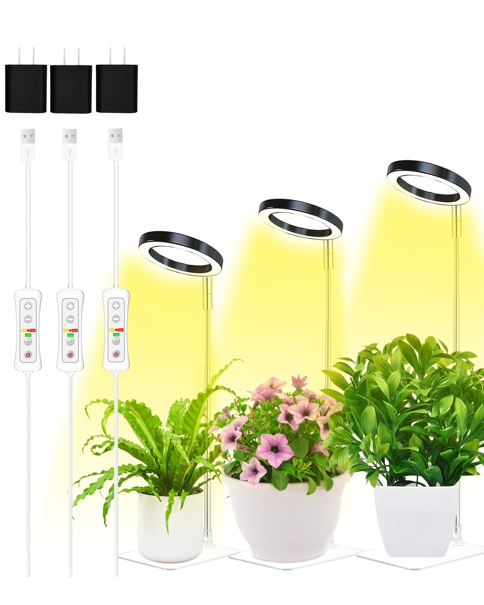 Plant Grow Light,yadoker LED Growing Light Full Spectrum for Indoor Plants,Height Adjustable, Automatic Timer, 5V Low Safe Voltage,Idea for Small Plant Light(3 Pack)