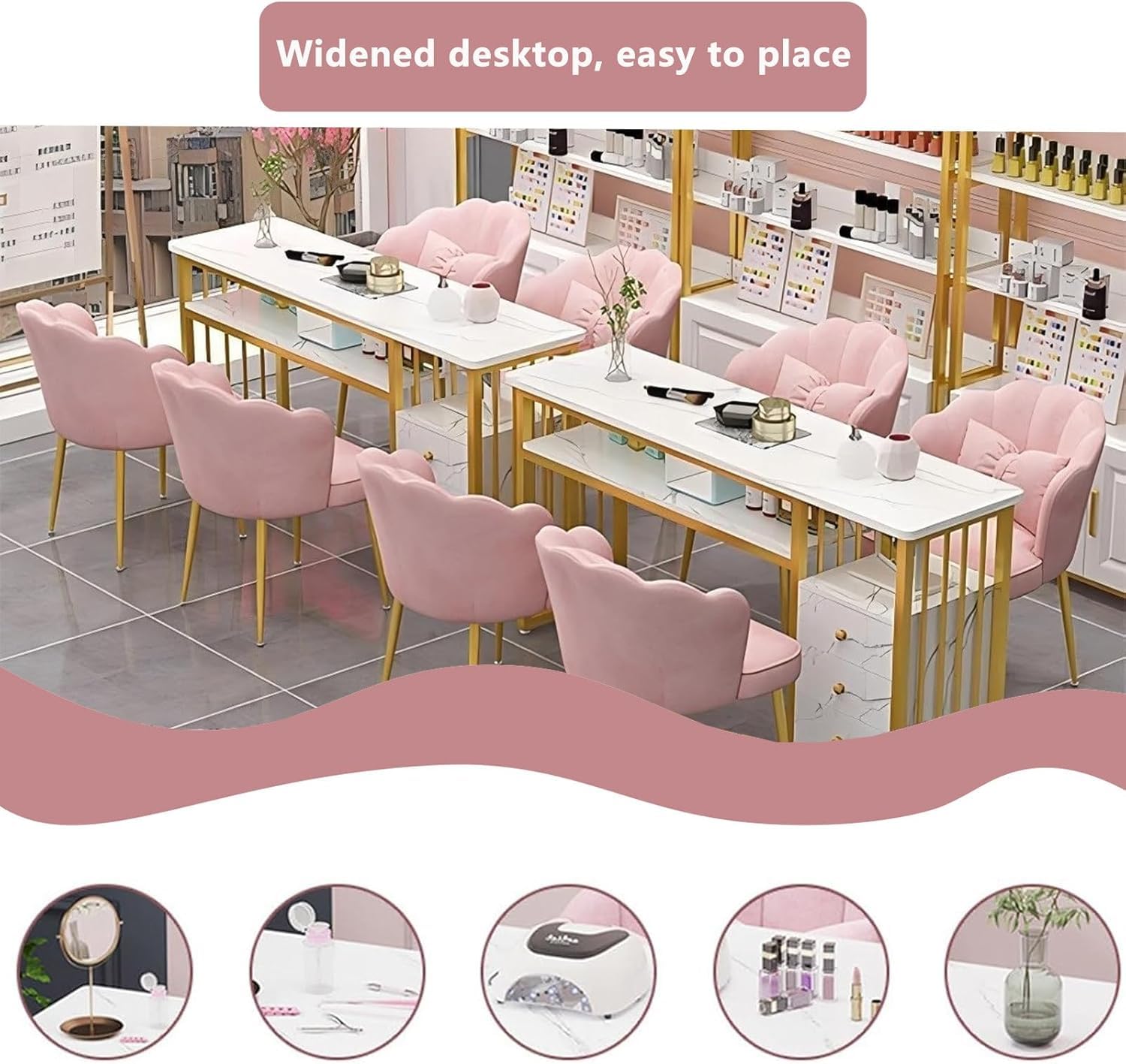 Scrivania per Unghie, Tavolo da Manicure Professionale, Scrivania per Manicure con Texture in Marmo con più Ripiani Aperti, Postazione di Lavoro per Salone Spa, Scrivanie per Tecnici, 100cm
