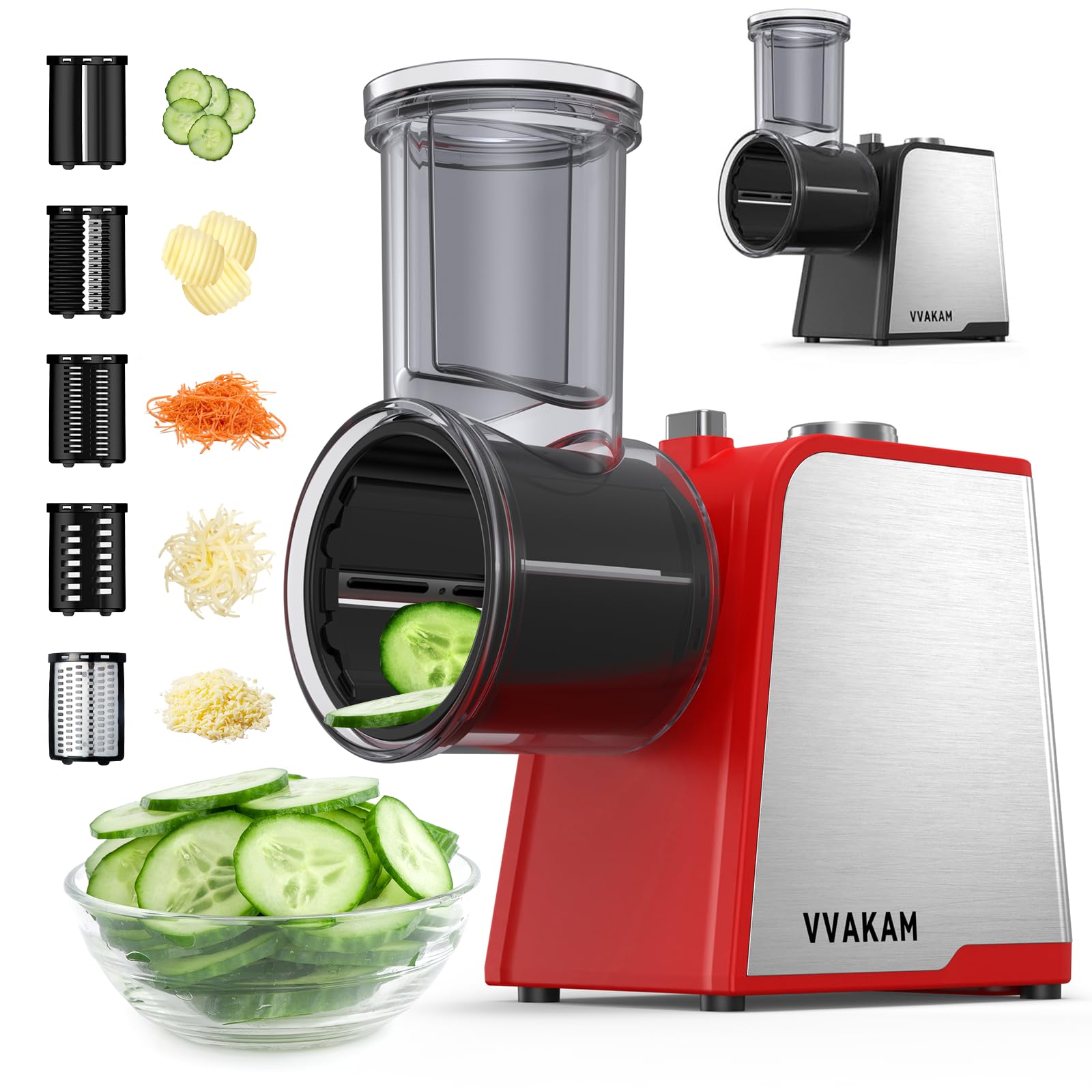 Electric Cheese Grater, 300W DC Motor Rotary Cheese Grater with 5 Different Shapes of Blades, Vegetable Cutter for Potato, Nuts, Kitchen Chopper with Non-slip Suction Base, Red