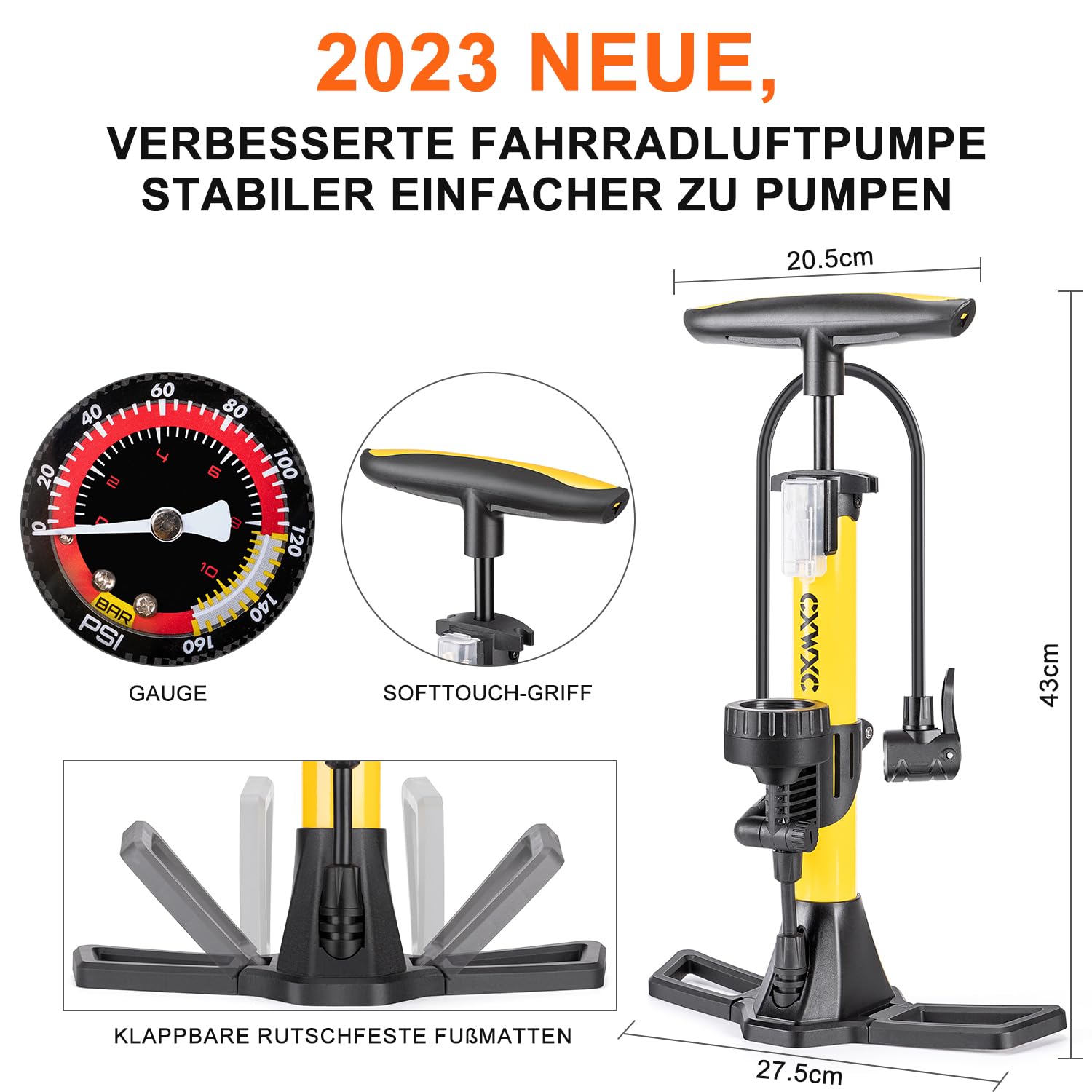CXWXC Pompka rowerowa do wszystkich zaworów, pompka rowerowa z manometrem do wyświetlania ciśnienia 11 barów/160 psi, do rowerów wyścigowych, rowerów elektrycznych, rowerów górskich