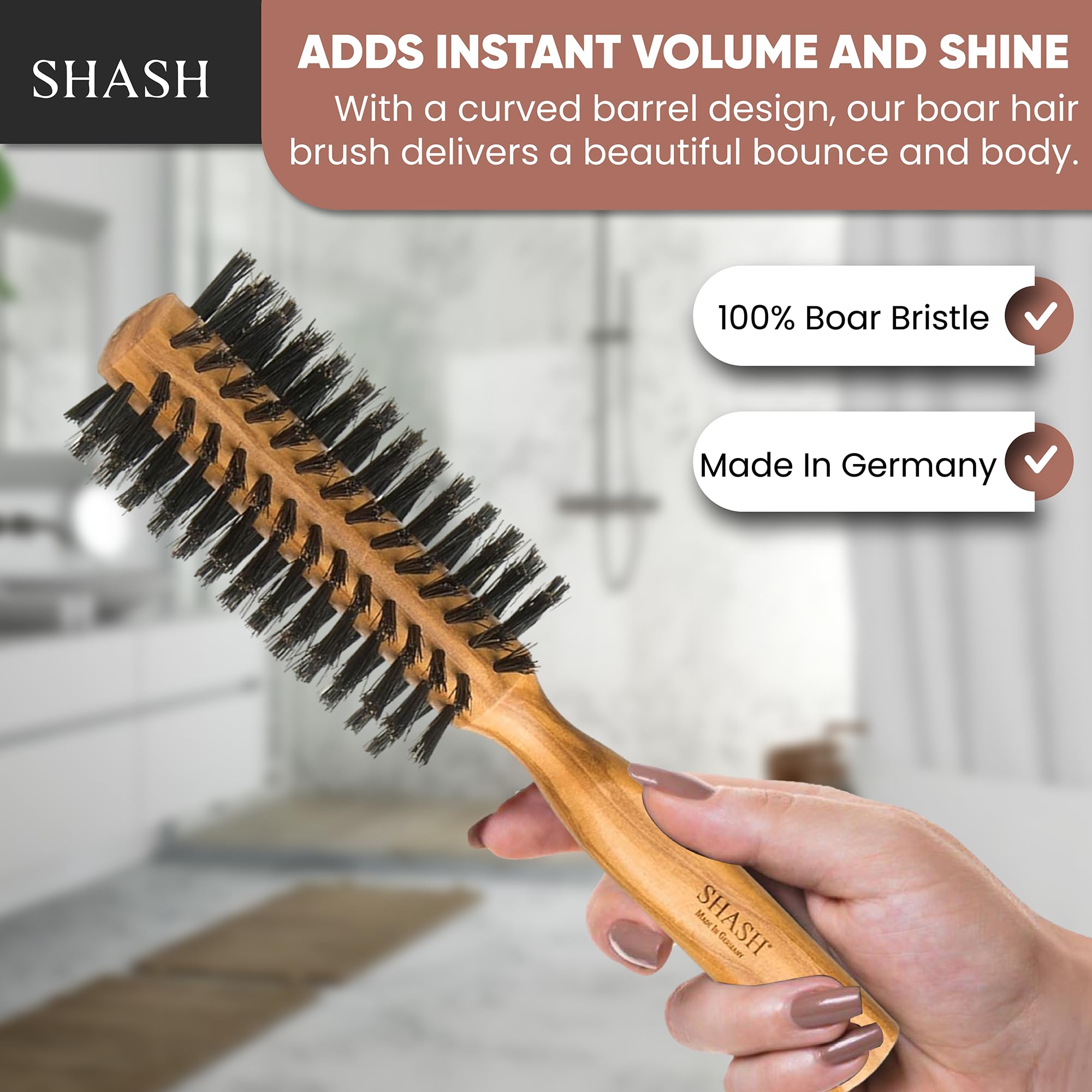 SHASH 1869 Cepillo Redondo con Cerdas de Pelo de Jabalí | Agrega Volumen y Movimiento, Cabello más Suave y Sedoso, Exfolia Cuero Cabelludo - Madera de Olivo