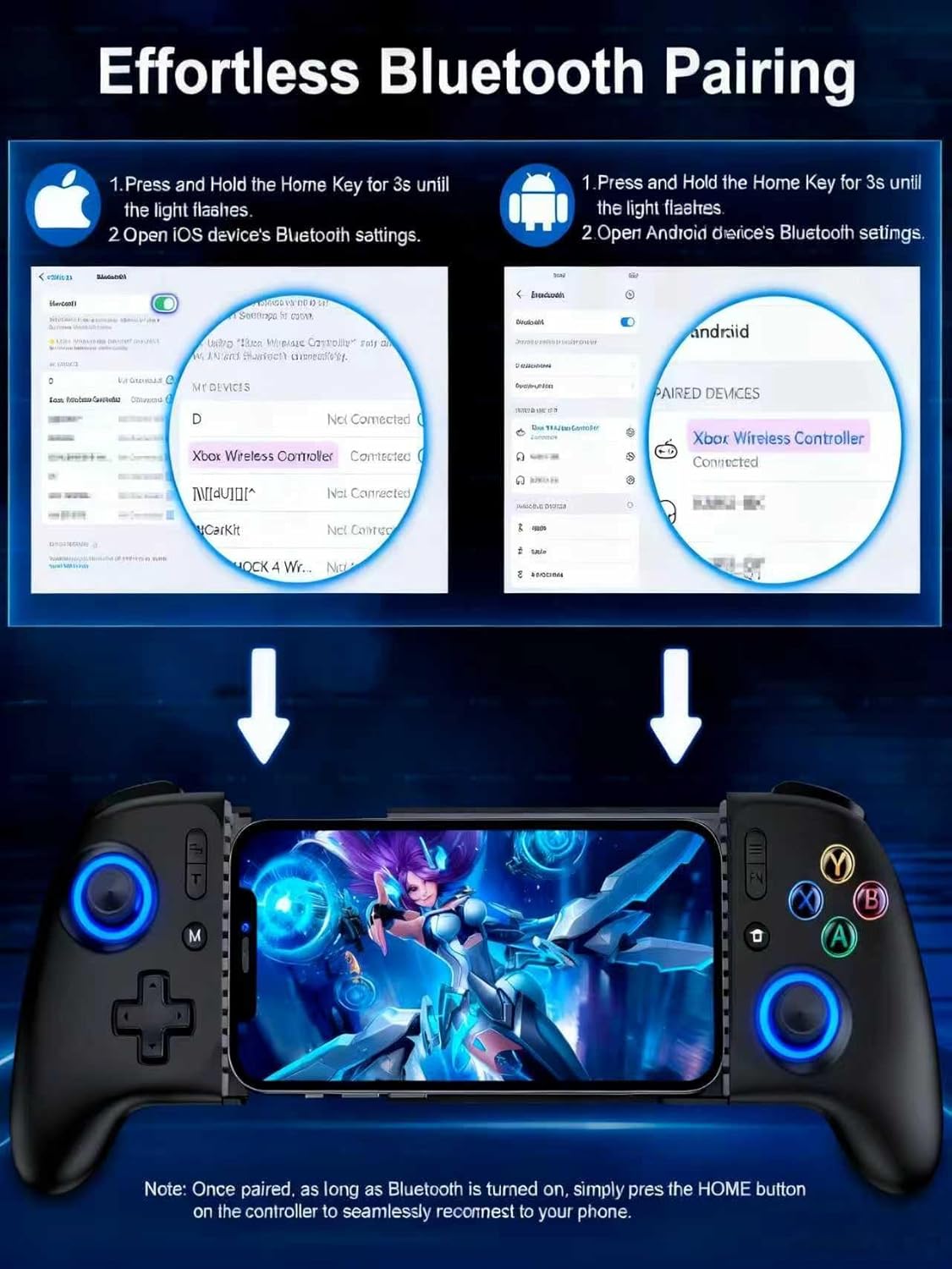Wireless Mobile Gaming Controller, Phone Controller for iPhone/Android, Hall Joystick/Trigger, Bluetooth Handheld Gaming Controller with Programmable, No Dead Zone, Adjustable Light/Turbo, for Xbox Cloud, Steam Link