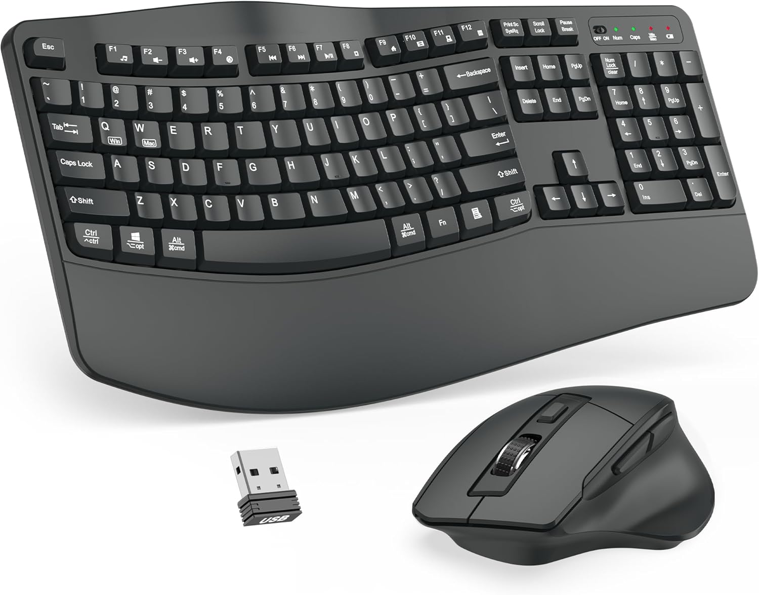 Wireless Keyboard and Mouse Combo, 2.4G Full Size Wave Keys Ergonomic Keyboard with Wrist Rest and 3-Level DPI Adjustable Wireless Ergonomic Mouse for Windows, Mac OS Desktop/Laptop/PC(Graphite)