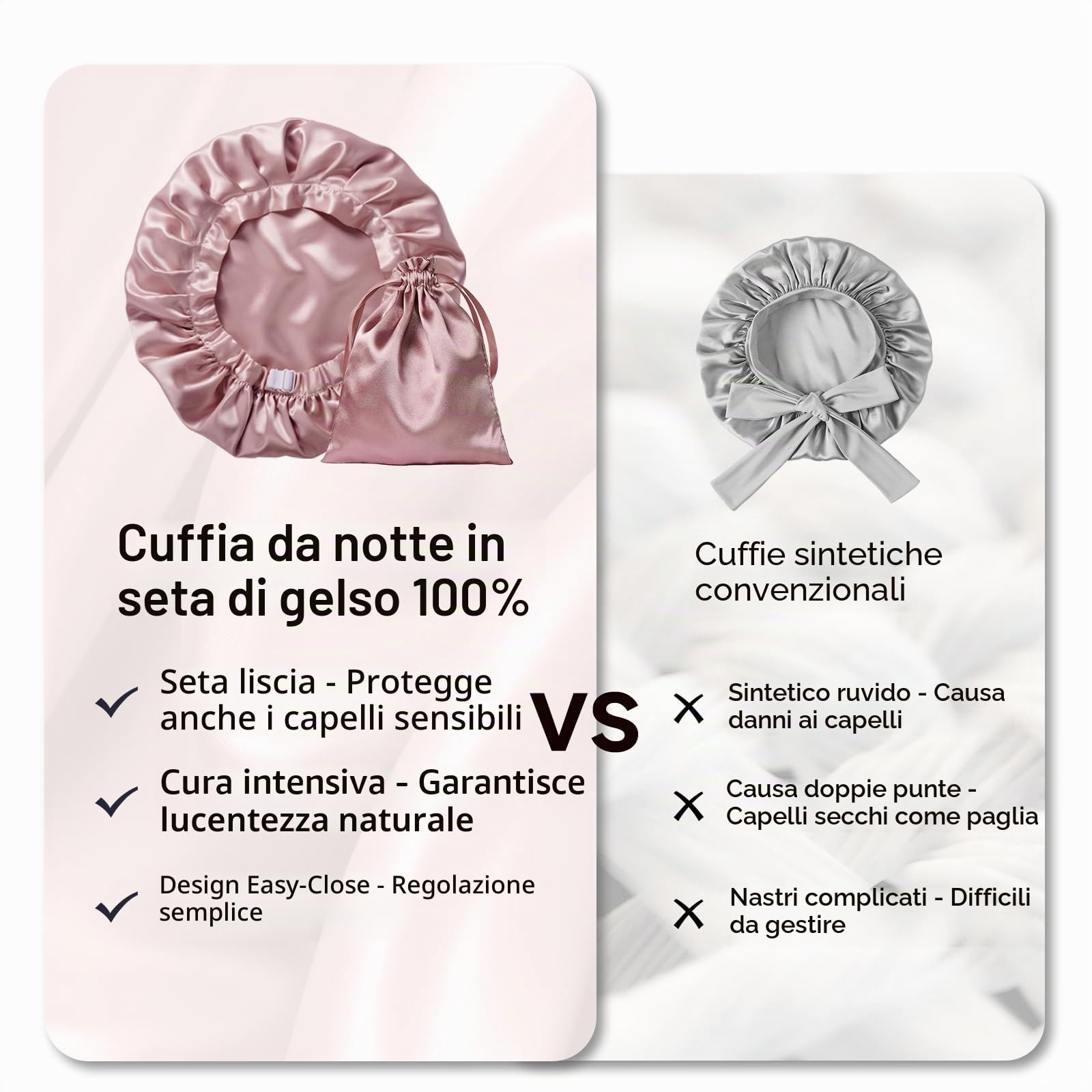 Kaome Berretto da Notte in Seta 22 Momme 100% Seta di Gelso, Berretto per Capelli Regolabile Doppia Faccia, per Capelli Ricci e Lunghi, Morbido e Antiscivolo, Traspirante con Sacchetto