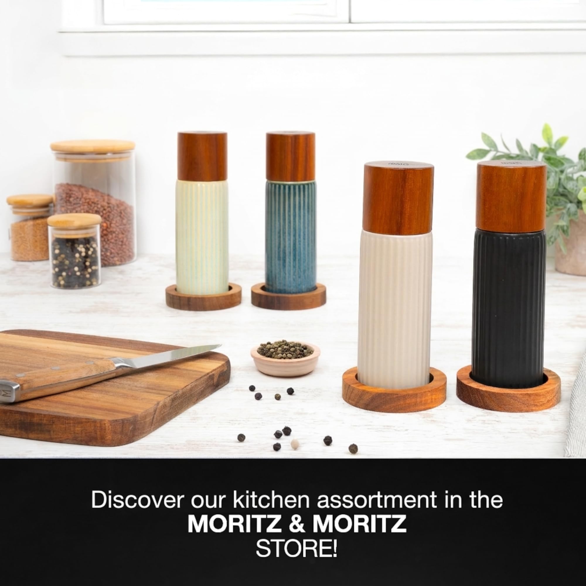 Moritz & Moritz PEPE Juego de Molinillos Sal y Pimienta (2 uds Azul/Verde) – Molinillo Especias Cerámica, Piedra y Madera de Acacia, Ajuste Grueso/Fino