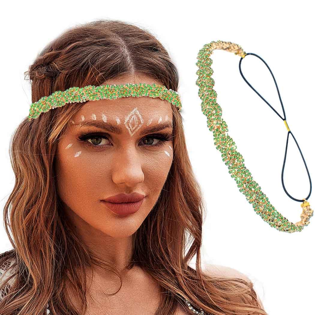 Women's Rhinestone Headbands Sparkly Elestic Hairband Vintage Metal Headbands Sparkly Elegant Party Daily Head Chain (Grass Green, M)
