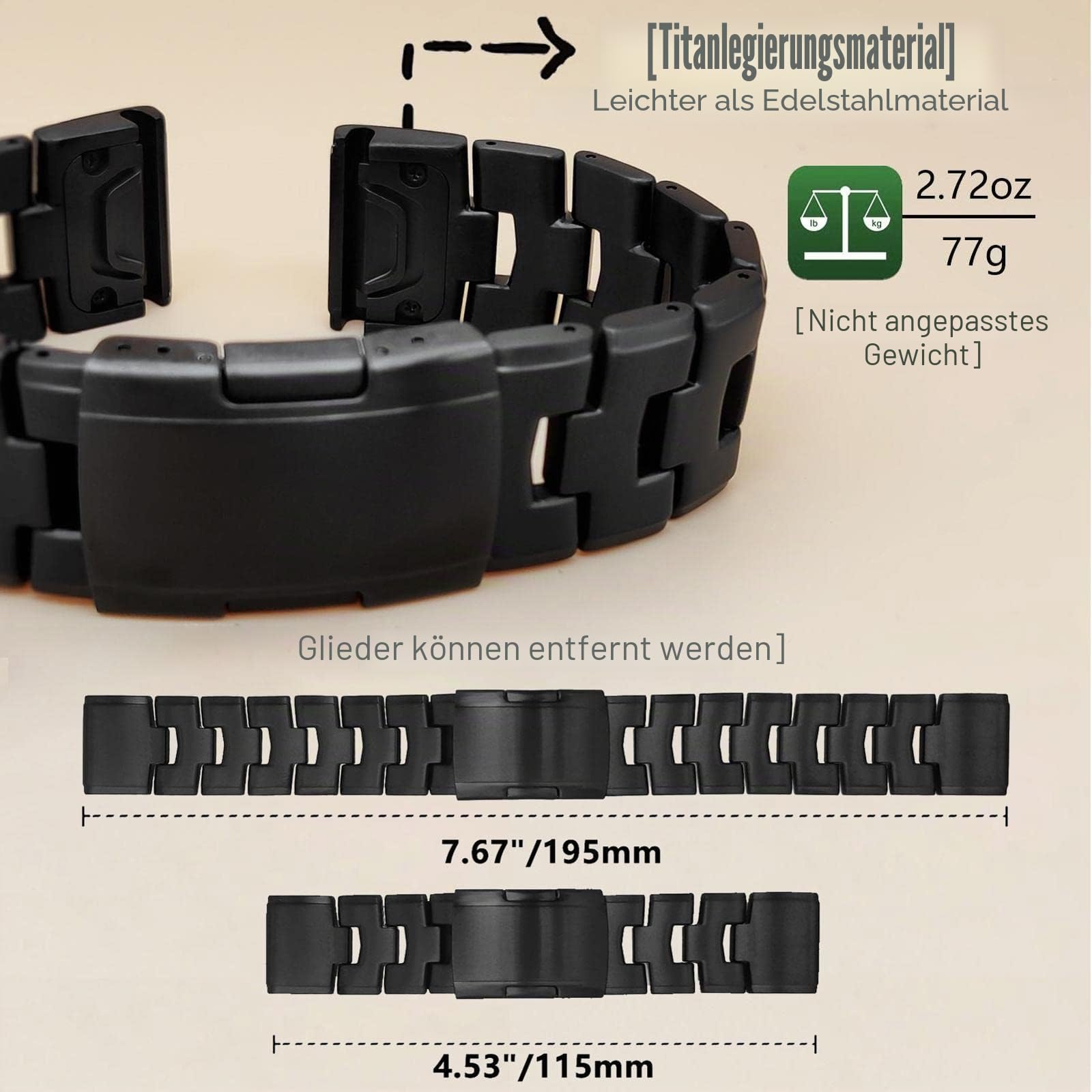 Titan-Uhrenarmband für Garmin Fenix 847mm/Epix Pro 47, schnelle Passform, 22mm, Titan-Metall-Armband mit Edelstahlschnalle für Fenix 7/6/5, Approach S62, Schwarz, QuickFit
