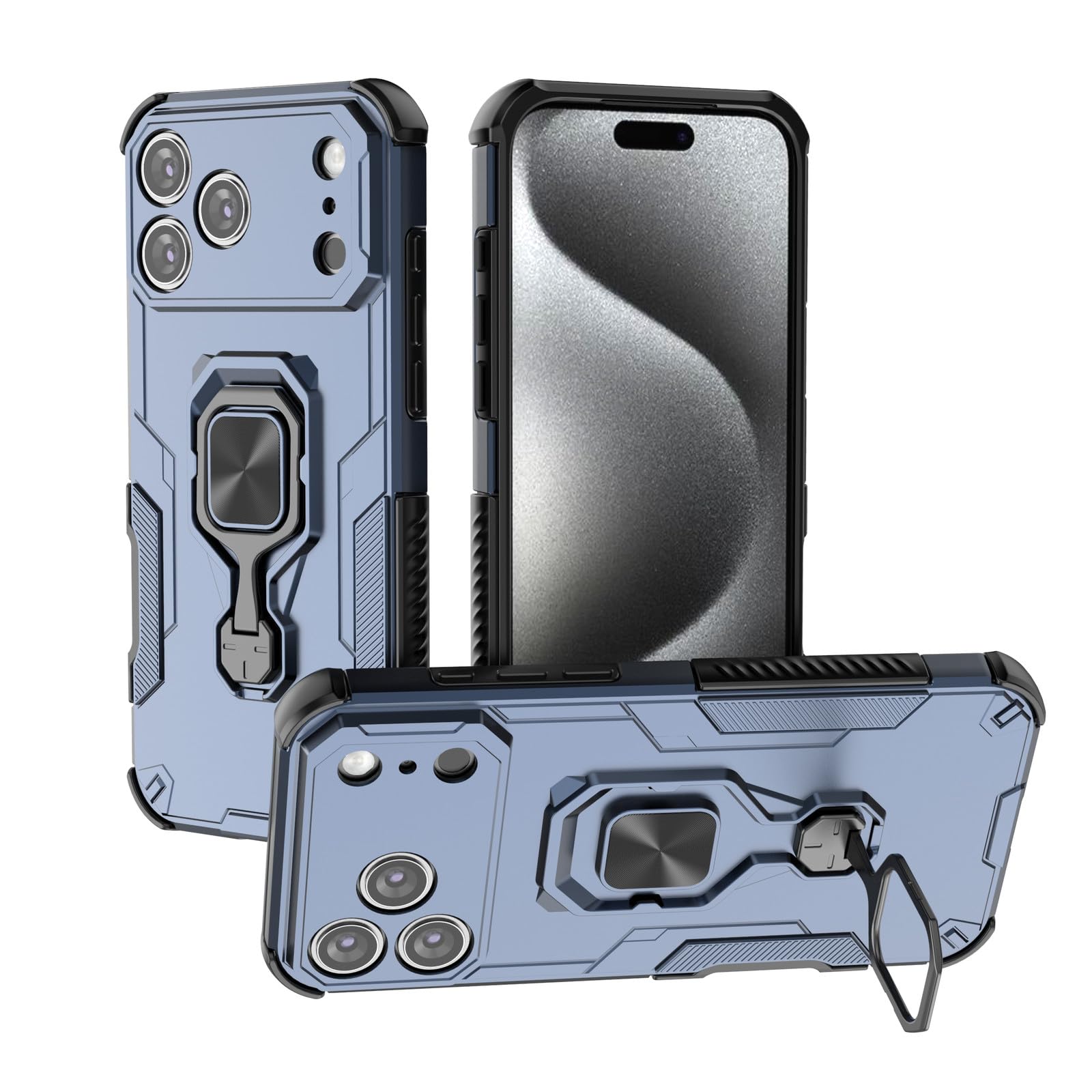 Coque iPhone 16 Pro silicone bleu rigide antichoc avec anneau magnétique - 6