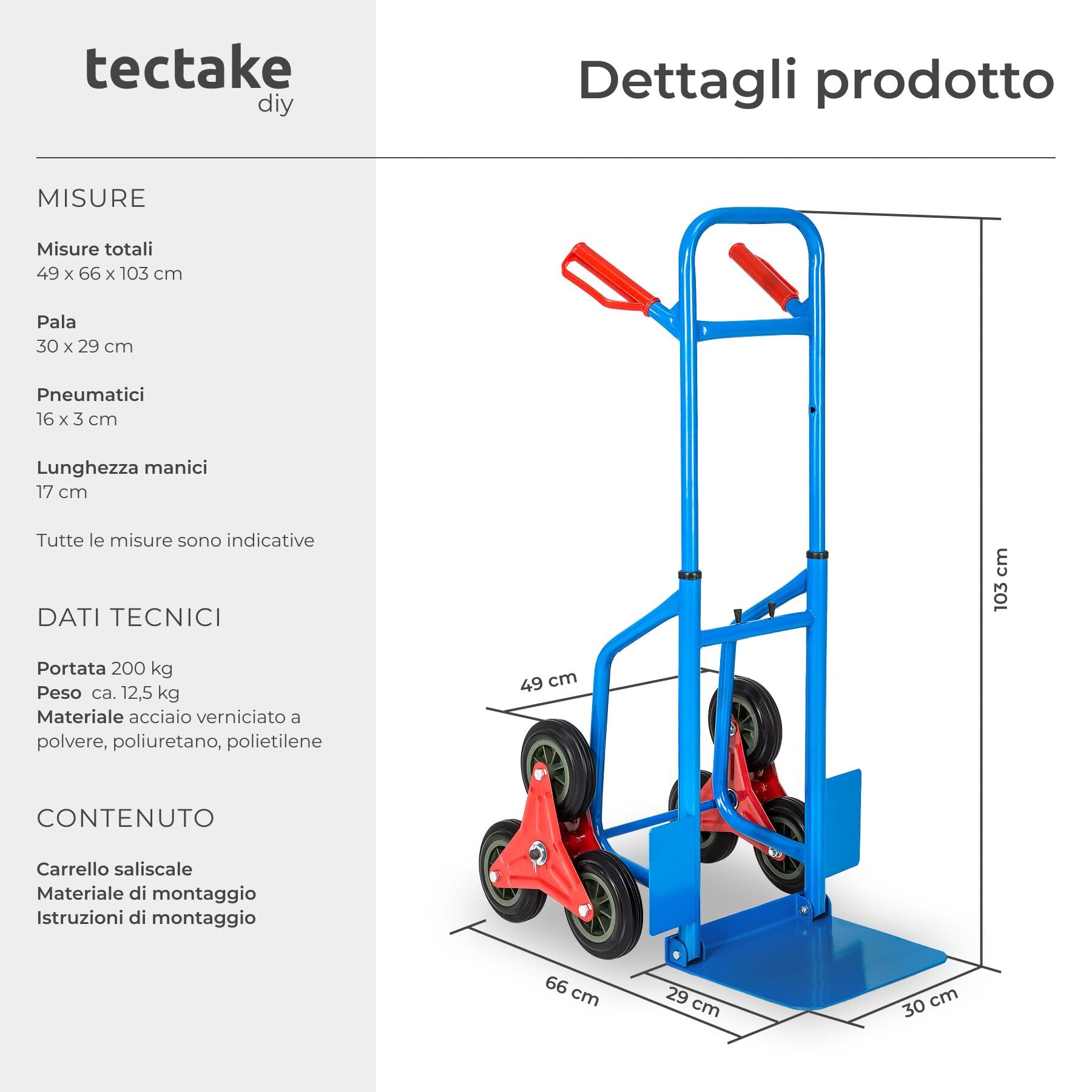 tectake® Carrello Saliscale con Ruote Portatutto in Acciaio, Capacità Max 200 kg Carrello Portapacchi Per Scale Montascale, Carrellino Trasporto Lavatrici ed Elettrodomestici, Trolley Pieghevole