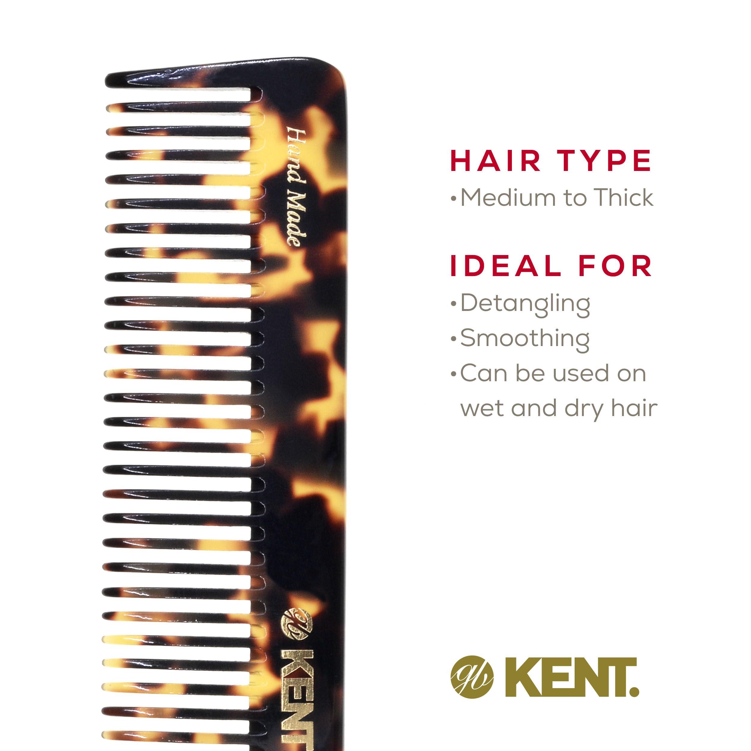 Kent 92TY Pettine districante a denti larghi per capelli ricci - Pettine districante per tutti i tipi di capelli, pettine per capelli da uomo e pettine bagnato per donne - KENT Comb Hair Styling e