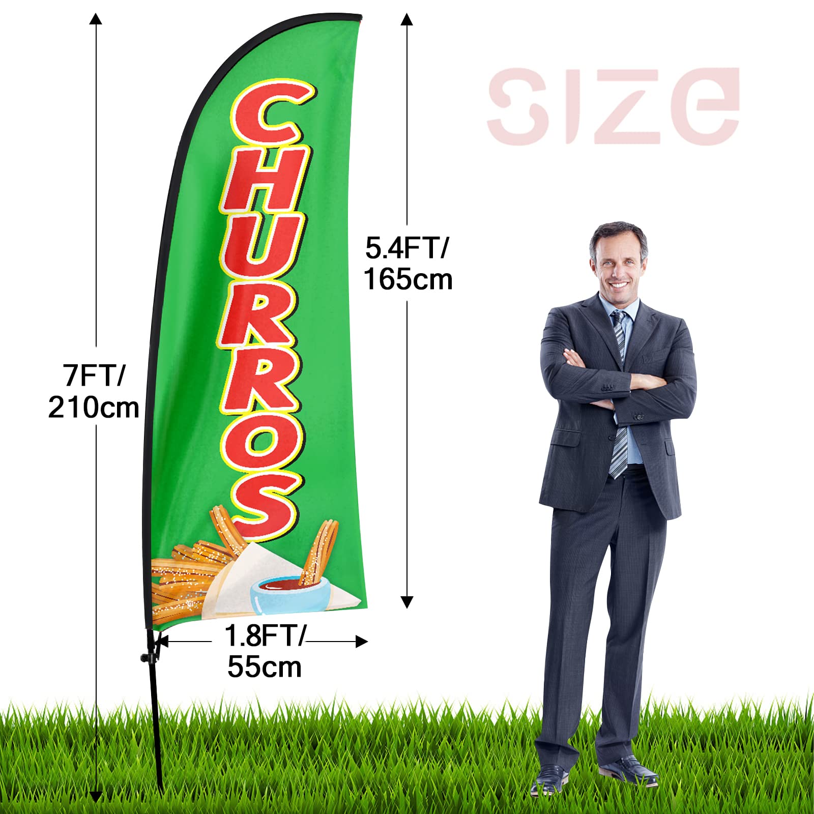 Bandera de Churros, bandera de plumas publicitarias de 7 pies con kit de poste, estaca de tierra, letreros de churros para negocios y escaparates