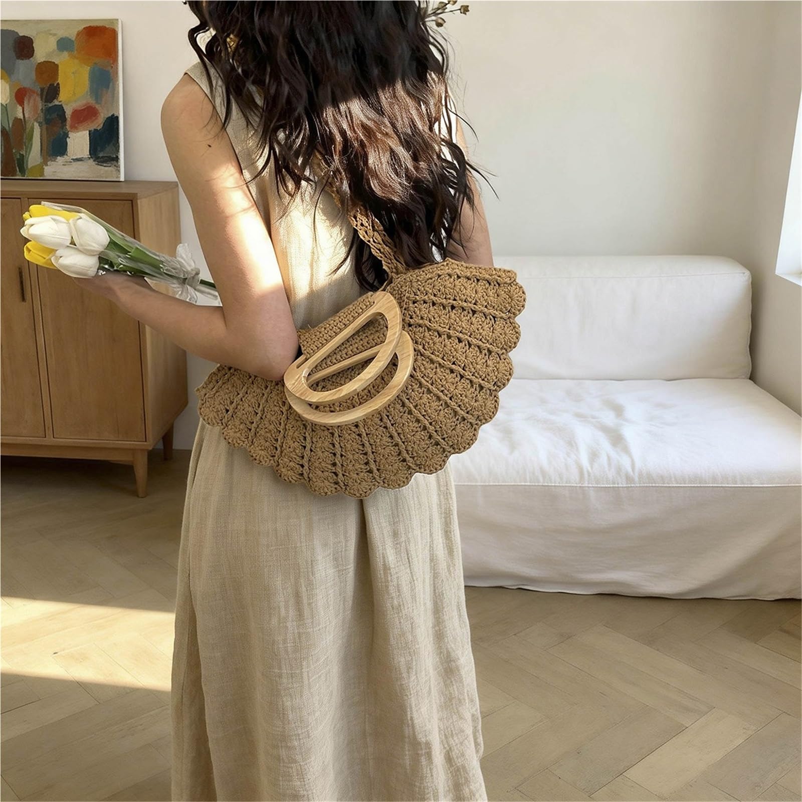 borsa donna estiva Borsa estiva in paglia intrecciata for donna a mano in legno con manico superiore Clip a tracolla retrò bohémien