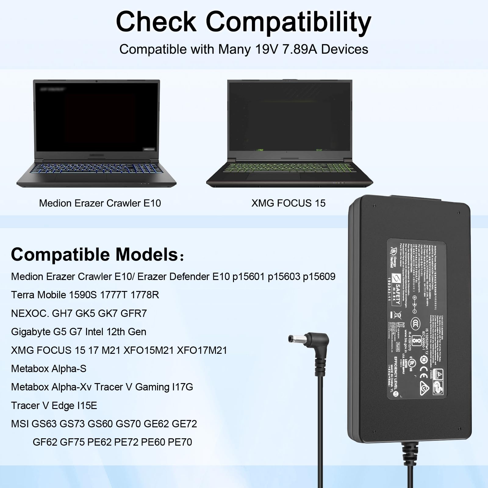 Chargeur 150W pour Medion Erazer Crawler E10 Defender E10 Terra Mobile 1590S 1777T 1778R NEXOC. GH7 GK5 GK7 GFR7 Gigabyte G5 G7 XMG Focus 15 17 Metabox Alpha-S Alpha-X Tracer V Edge I15E