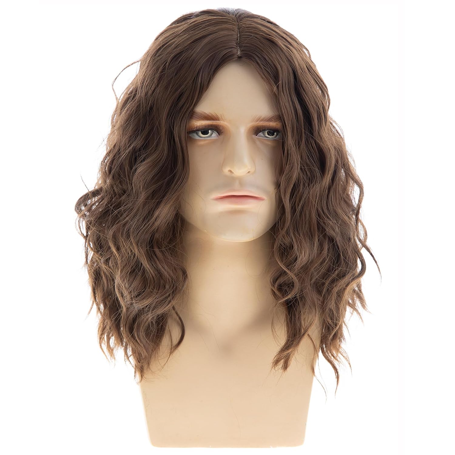 Mens Wig Mid Length Brown Wavy Wig Synthetic Rocker Hair for 80s 90s Party Cosplay