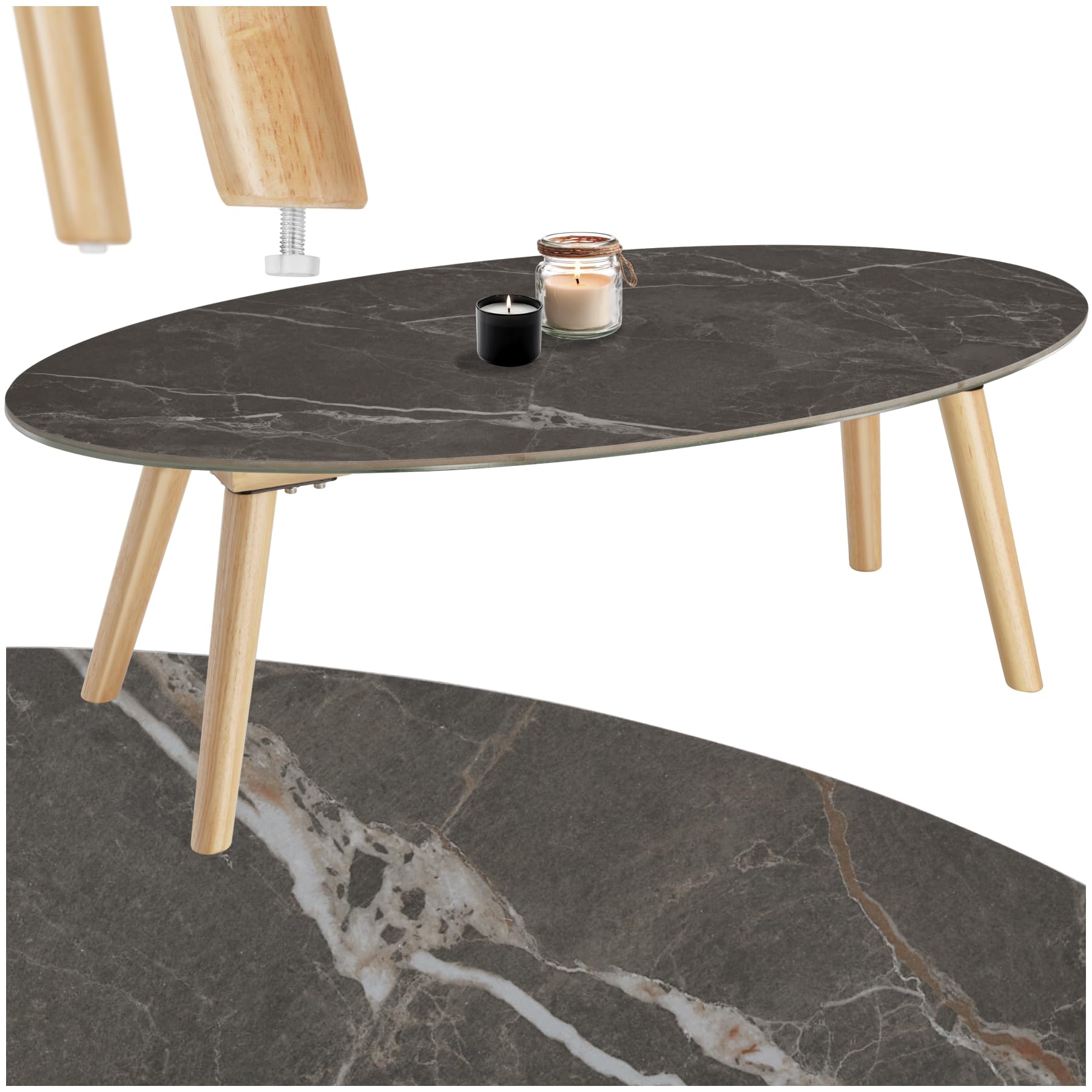 tectake® Tavolino da Salotto, Tavolo da Giardino, Tavolo da Caffè Ovale per Interno ed Esterno, Tavolino Effetto Marmo con Gambe in Legno Massiccio, 100x50x34,5 cm - Naturale