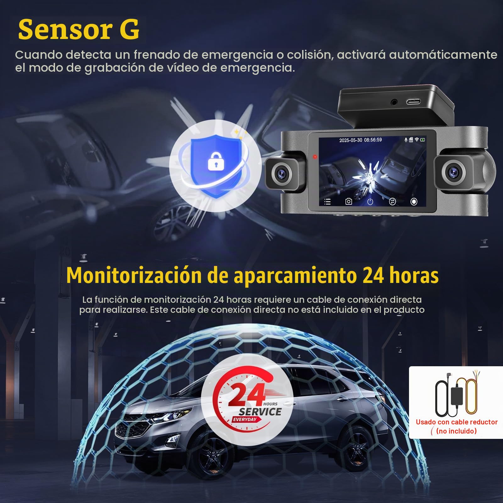 Hikity 2K WiFi Dashcam 4 Dashcam con Pantalla IPS G-Sensor Tarjeta TF 64G | IPS Dashcam con Coche Control APP Ángulo 360° Modo Aparcamiento 24H Grabación Continua Cámara de Coche Visión Nocturna