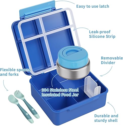 Miniatura 2 de Lonchera Bento para niños con contenedor térmico de alimentos (9 onzas), lonchera de 4 compartimentos, divisor ajustable, lonchera Bento a prueba de
