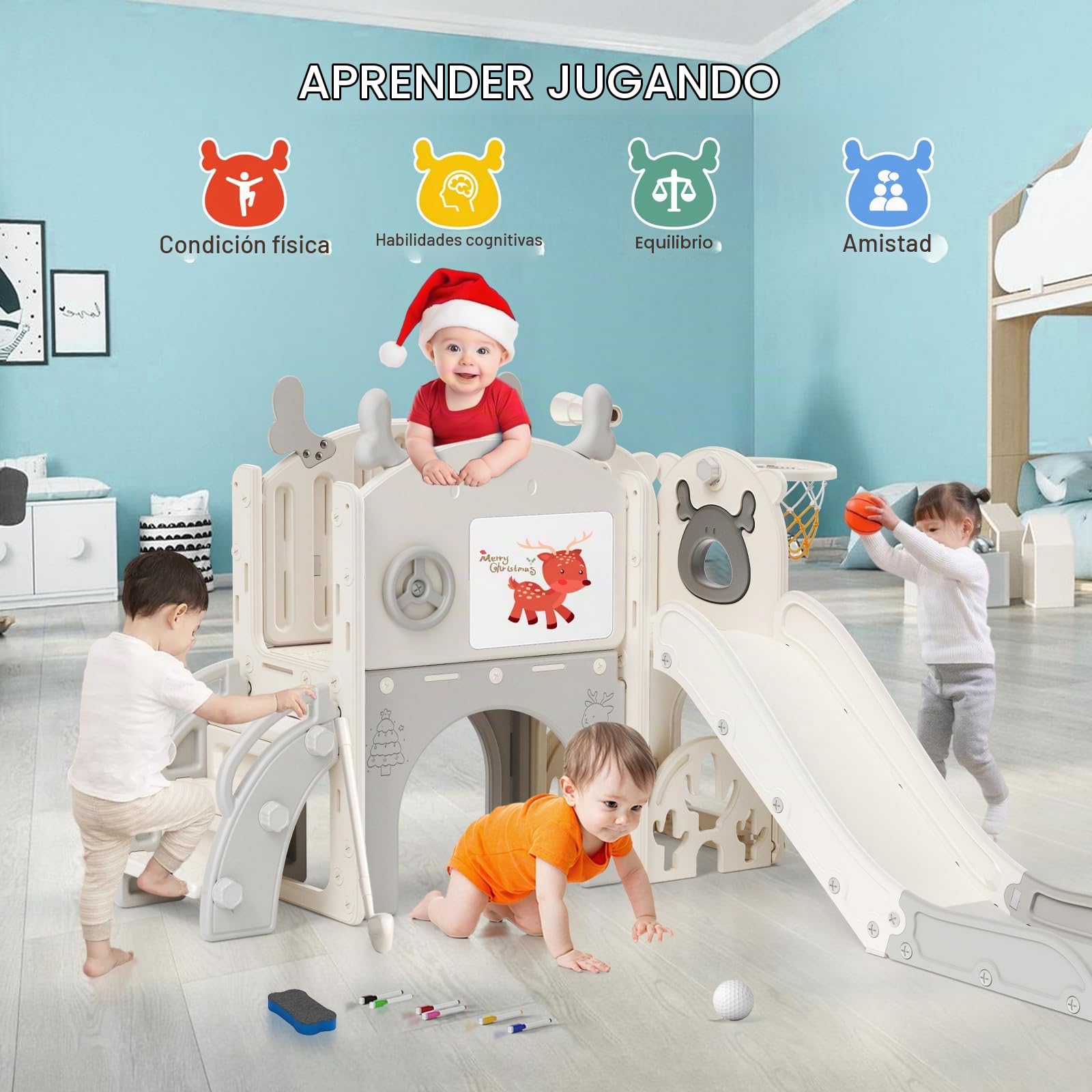Tobogán Elk 10 en 1 con Canasta de Baloncesto, Golf, telescopio, Estructura para Escalar, tobogán Interior para niños, Juguetes Montessori para Parques Infantiles(Beige grisáceo)