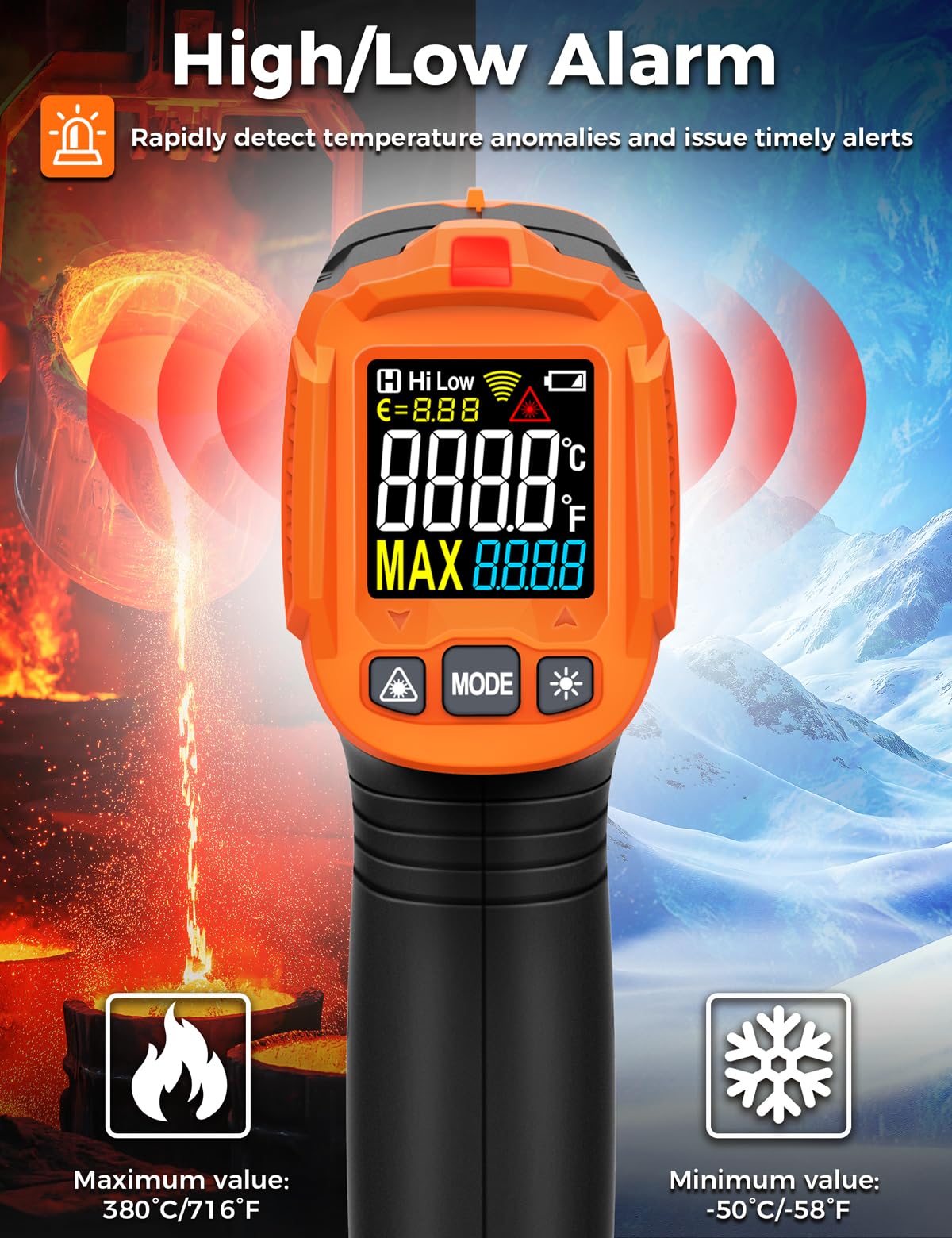 Thermomètre Infrarouge IM02 POROMETISTO, avec Fonction MAX, -50°C à 380°C | Touchless Thermometer, Alarme Haute et Basse Température et Écran LCD Rétroéclairé, pour la Cuisine, le CVC , l'Automobile