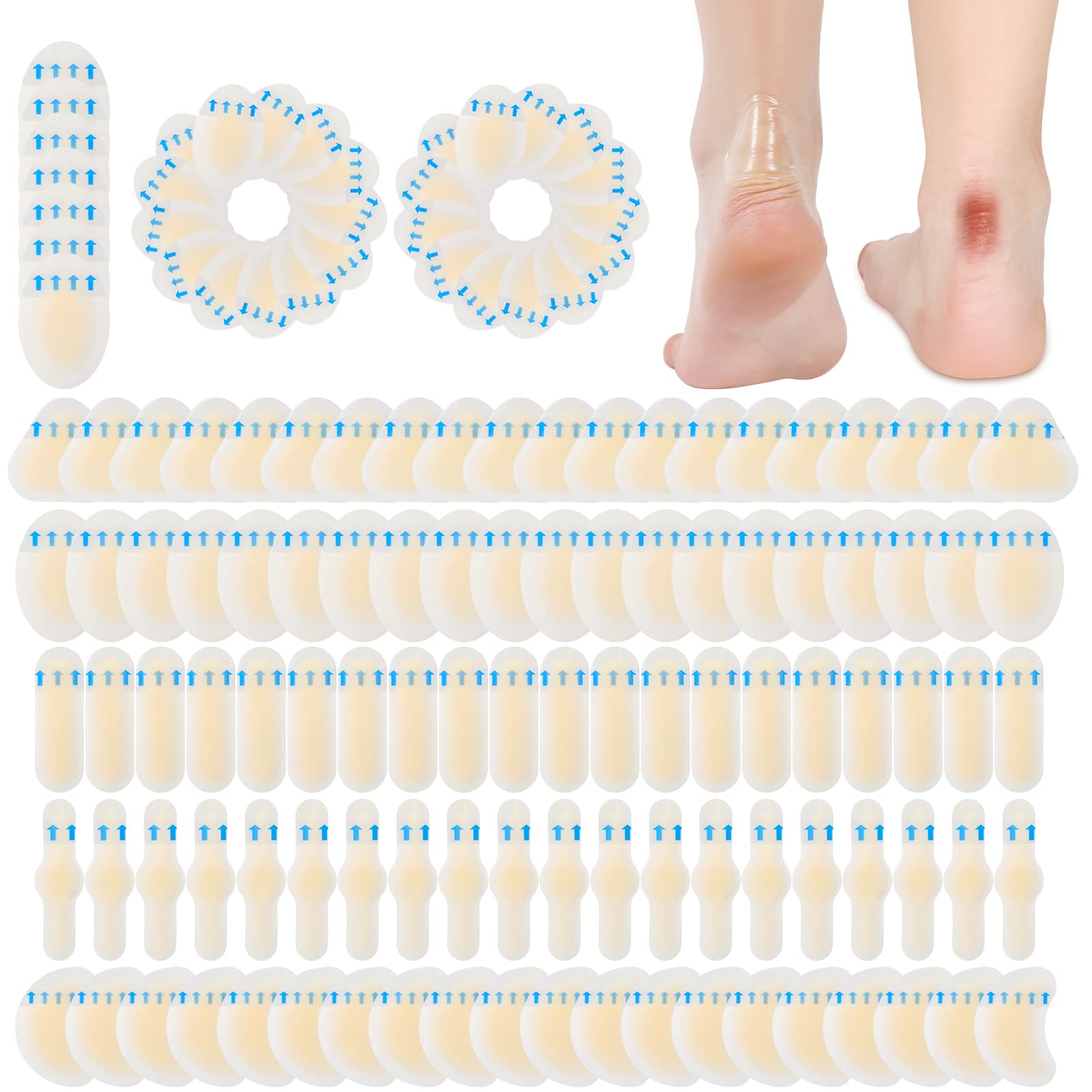 Tarpop 100 Pcs Blister Bandages Hydrocolloid Blister Pads for Heel Waterproof Gel Adhesive Bandages Protectors for Feet Toes(Rich Style)