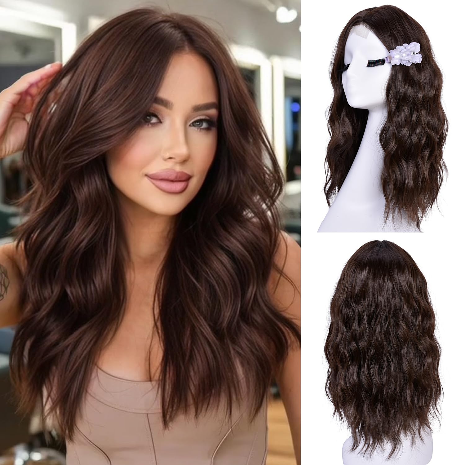 Lizzy Short Wavy Wig 18 Inch Middle Part Curly Wavy Bob Wigs for Women Natural Looking Synthetic Heat Resistant Fiber Wig for Daily Party Use (Dark Brown)