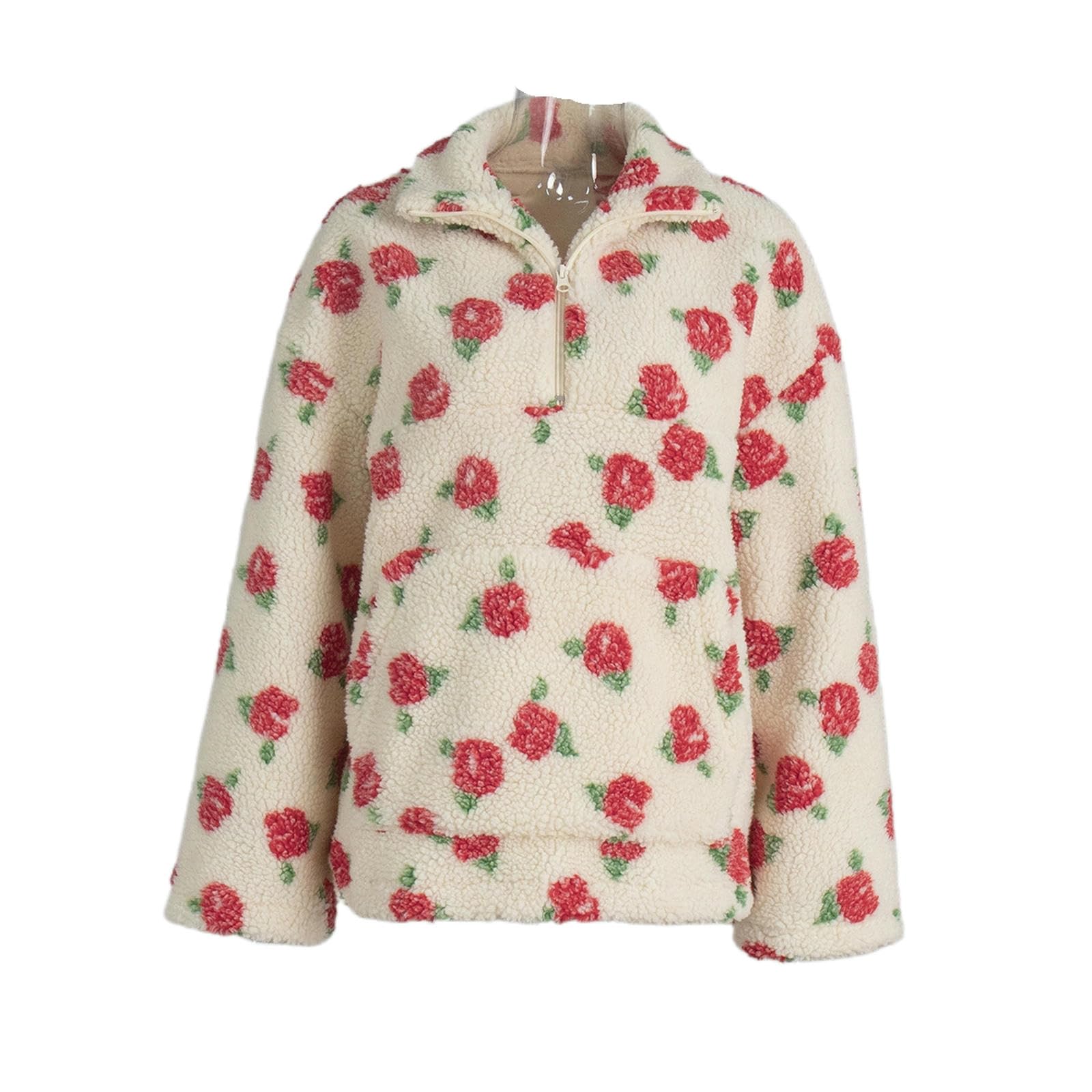 Suéter De Cuello Alto para Mujer Sudadera Polar Floral, Cálida, Mujer-Rojo-s